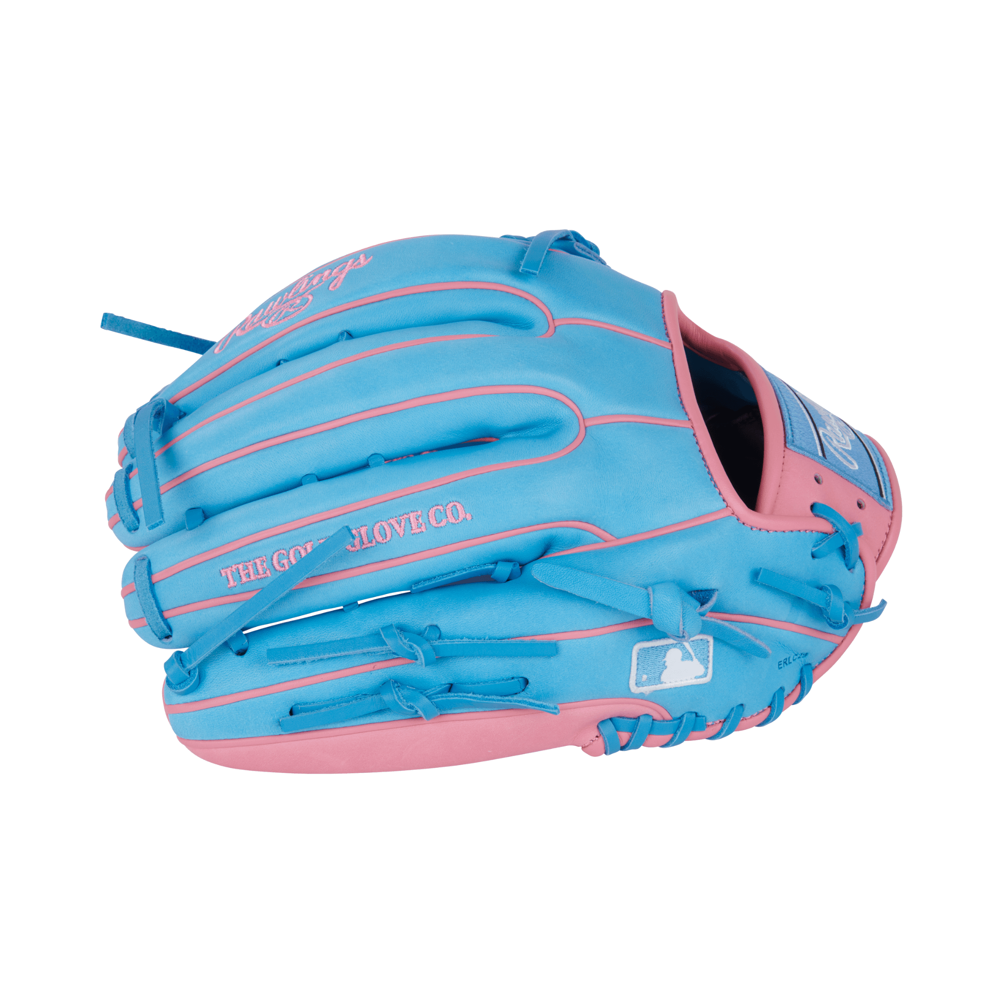 Close-up of finger stalls on Rawlings Heart of the Hide 12.75" Columbia Blue/Pink glove with Modified Trap-Eze® web for flexibility and ball security