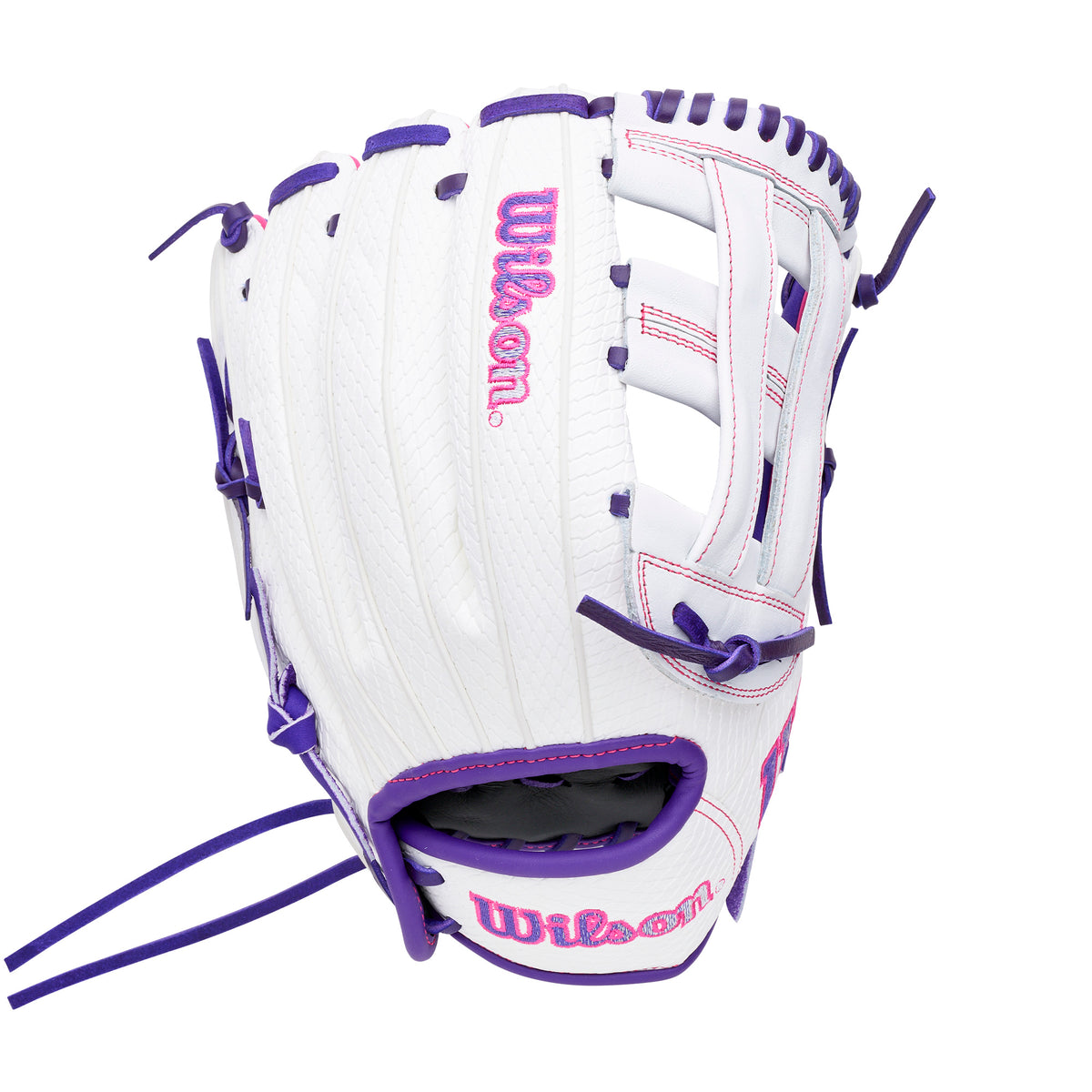 Wilson 2027 A1000 FP1712SS 12” Utility Fastpitch Softball Glove in white and purple