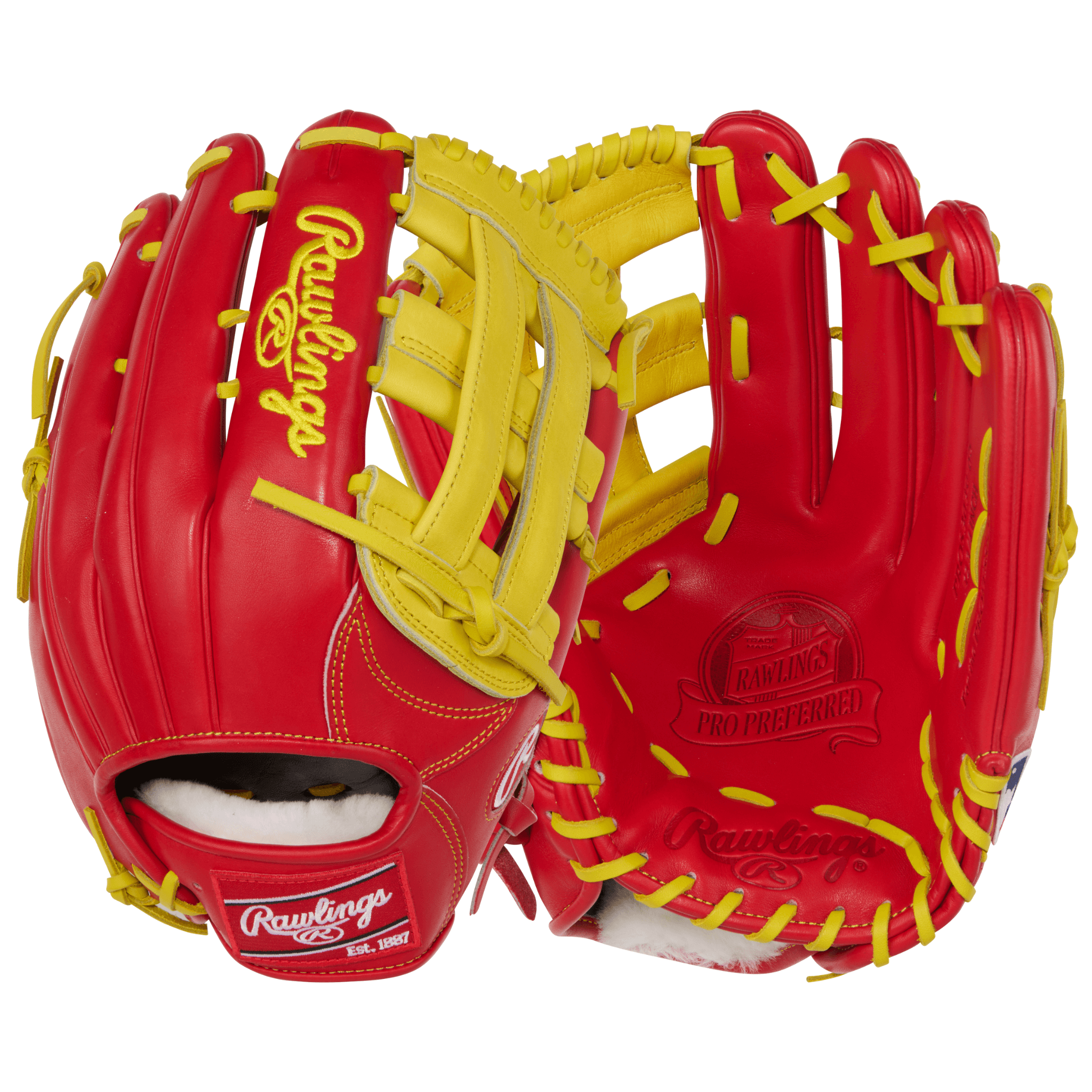 Rawlings Pro Preferred 12.75" Outfield Baseball Glove in Scarlet and Yellow, premium Kip leather design.