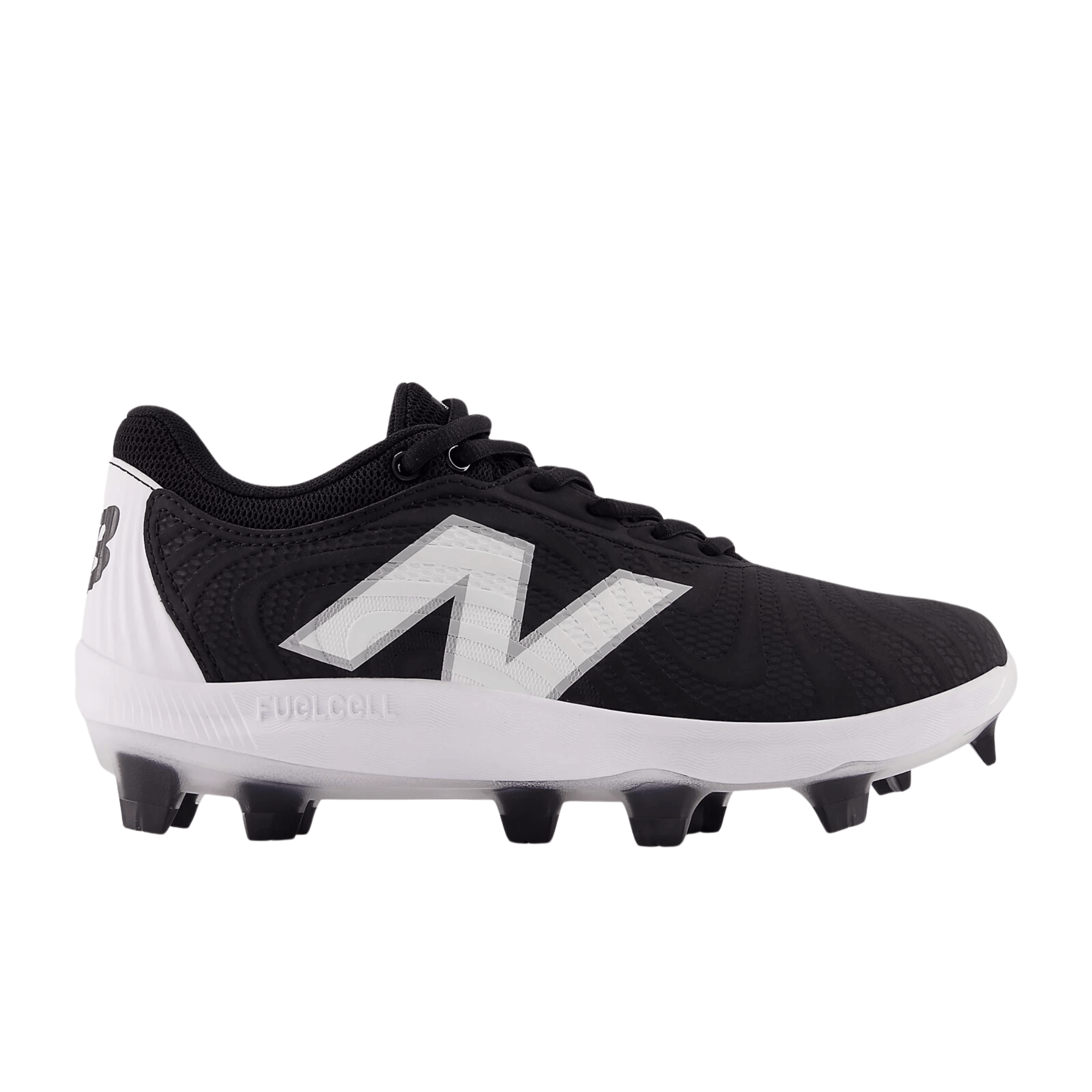 New Balance FuelCell FUSE v4 Molded softball cleat in black with white accents, designed for comfort and traction.