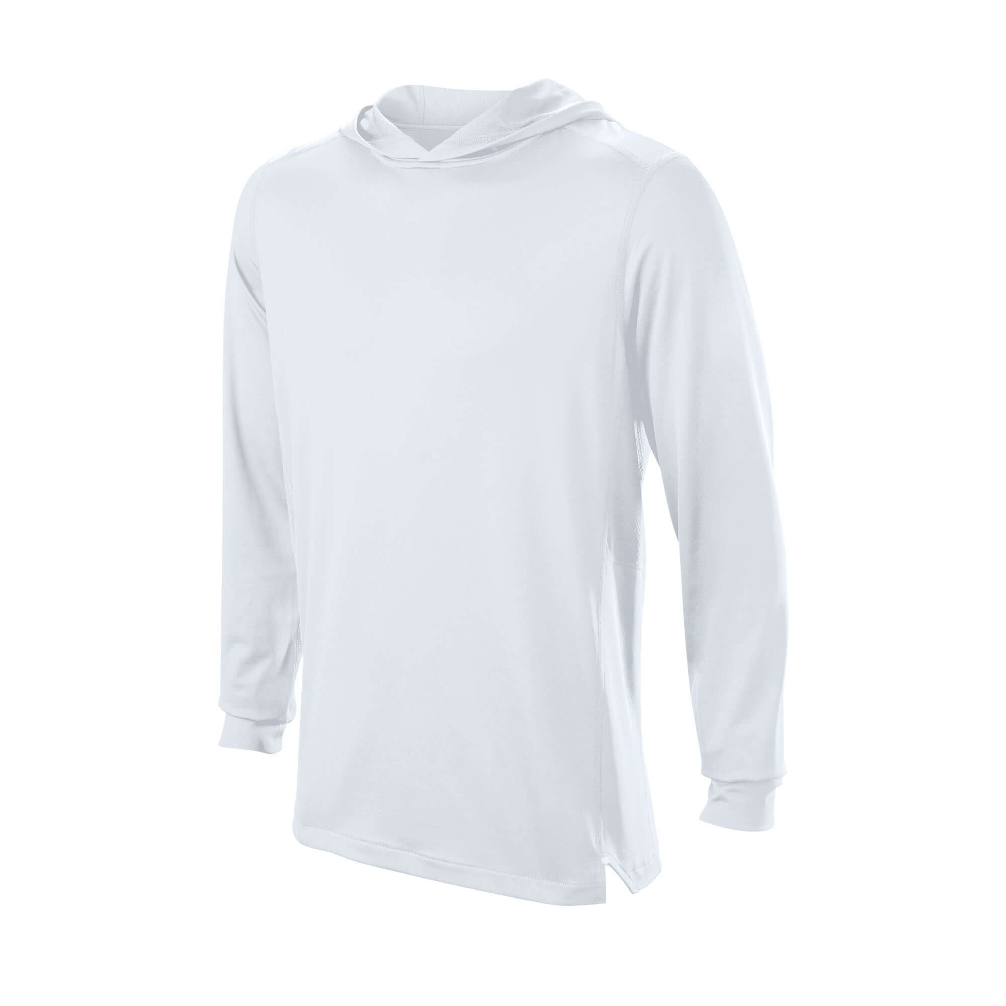 Front view of EvoShield Adult Lightweight Training Hoodie 2.0 in white, designed for athletes with a slim fit and stretch fabric.