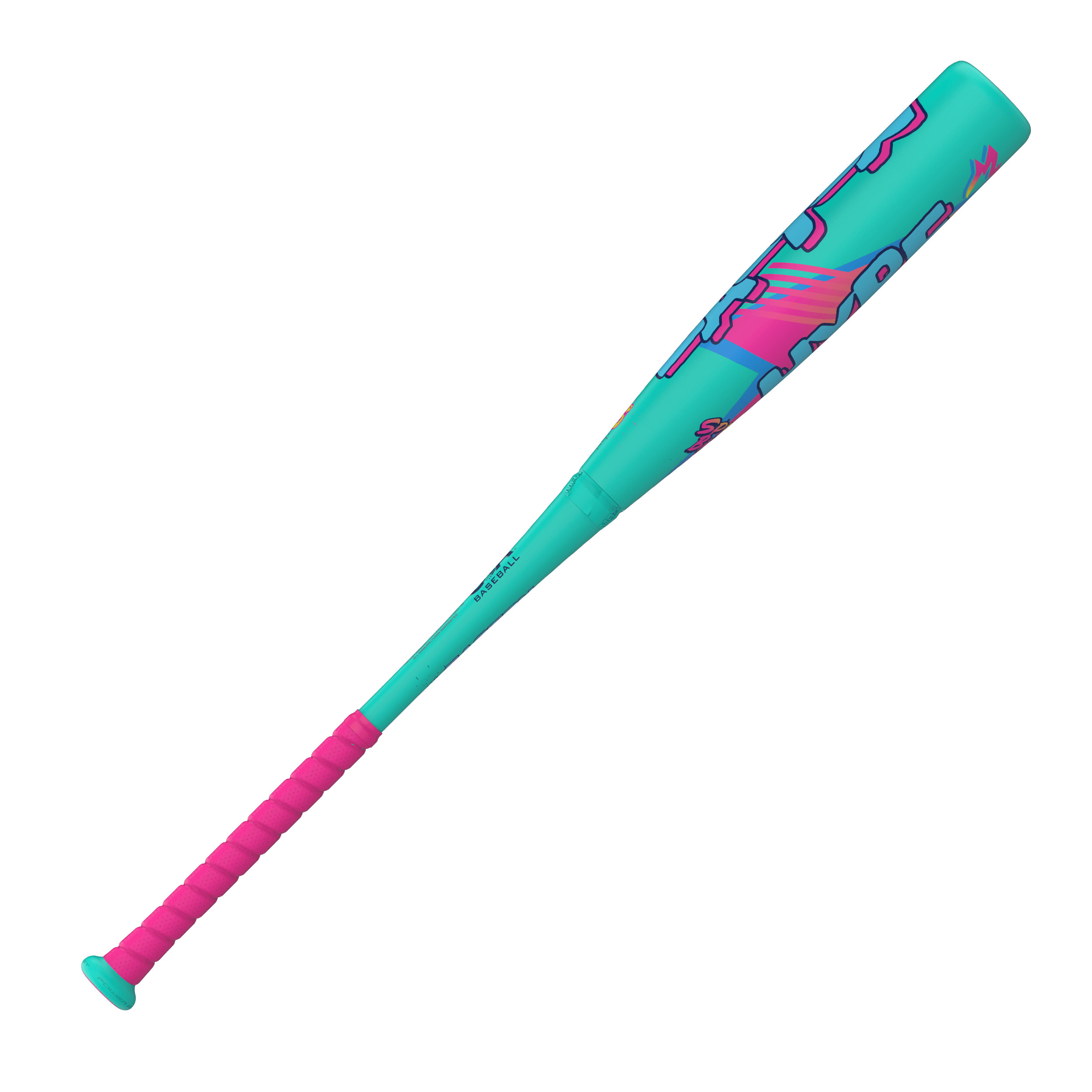 Easton Hype Fire USA (-10) Baseball Bat, side profile showing turquoise barrel with retro graphics and pink grip.