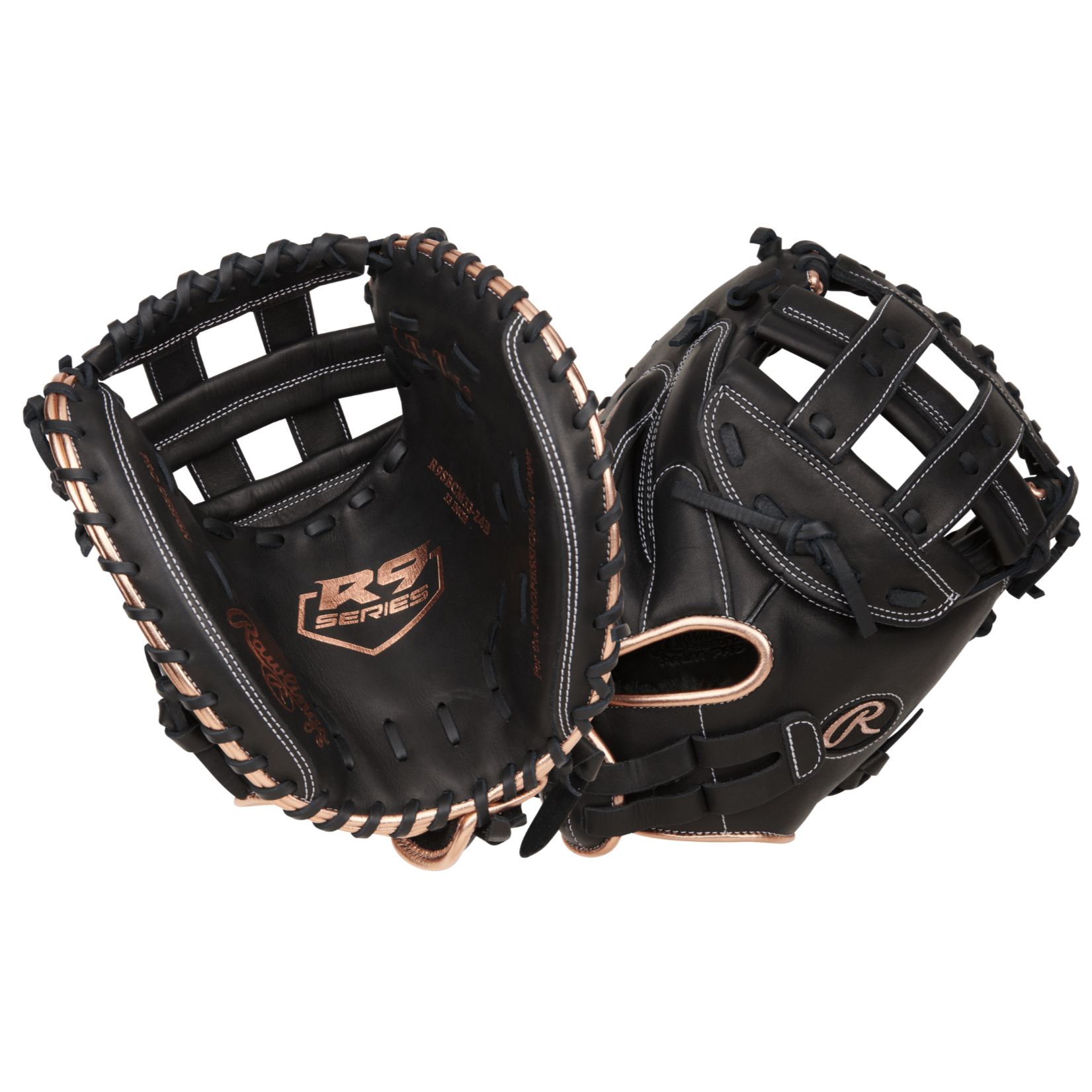 Rawlings R9 Series 33-inch black catcher's mitt for softball with open back design and pull strap for right-hand throwers.