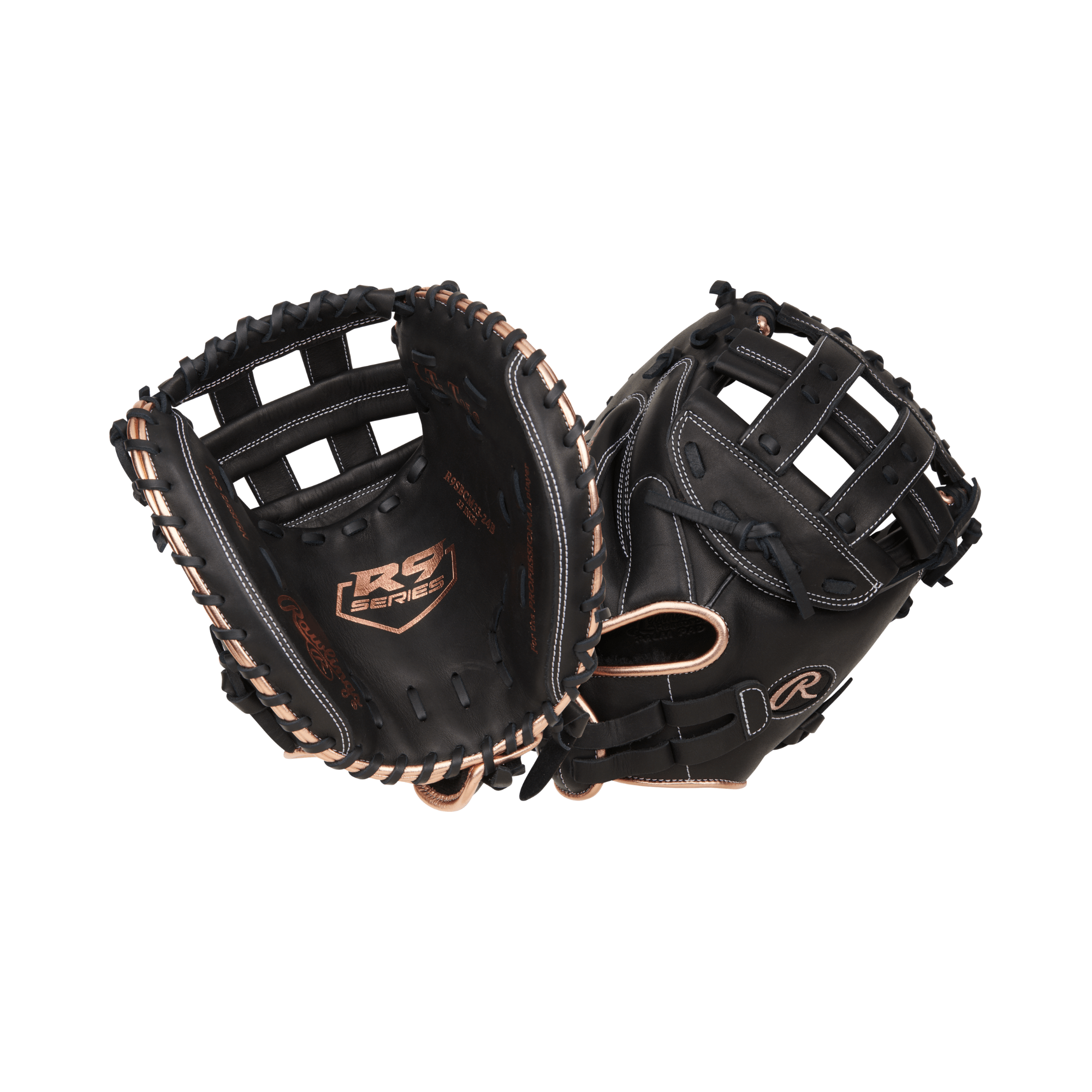 Rawlings R9 Series 33-inch black catcher's mitt for softball with open back design and pull strap for right-hand throwers.