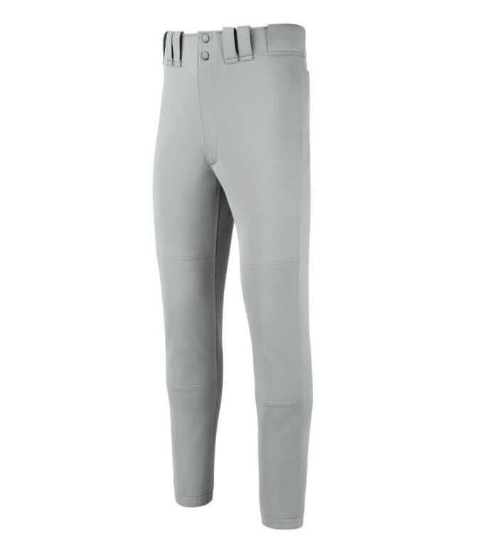 Mizuno Youth Premier Player Pant in gray, featuring durable dual-layer knee and belt loop waist for enhanced performance.