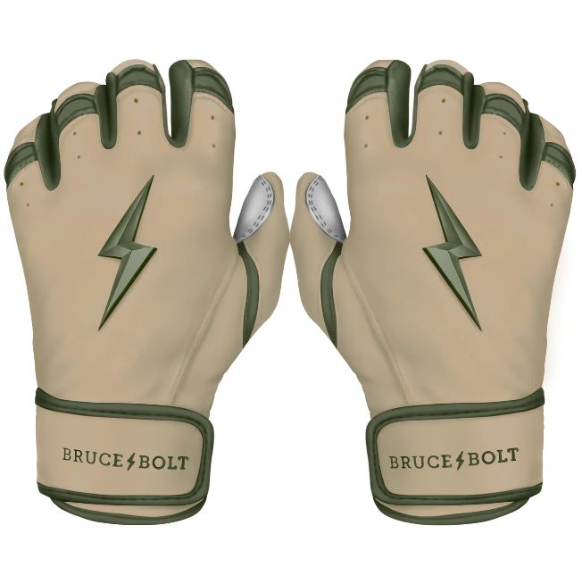 Bruce Bolt Youth Military Short Cuff Batting Gloves front and back view with military edition design.