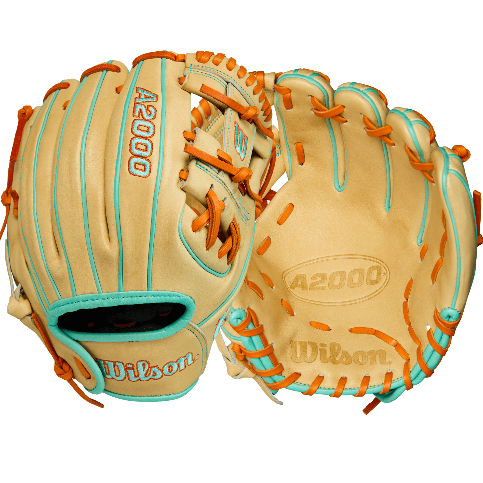 Back and palm view of Wilson A2000 DP15 11.5'' Infield Glove with Pedroia Fit, Blonde Pro Stock® leather, and seafoam accents.