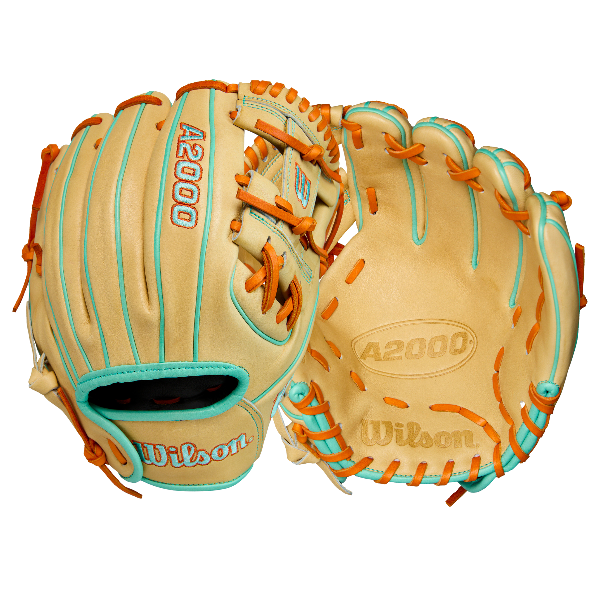 Back and palm view of Wilson A2000 DP15 11.5'' Infield Glove with Pedroia Fit, Blonde Pro Stock® leather, and seafoam accents.