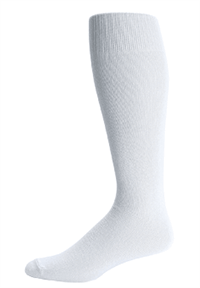 Side view of a white Pro Feet Sanitary Over-the-Calf Tube Sock showing ribbed design and smooth toe seam, non-cushion foot.