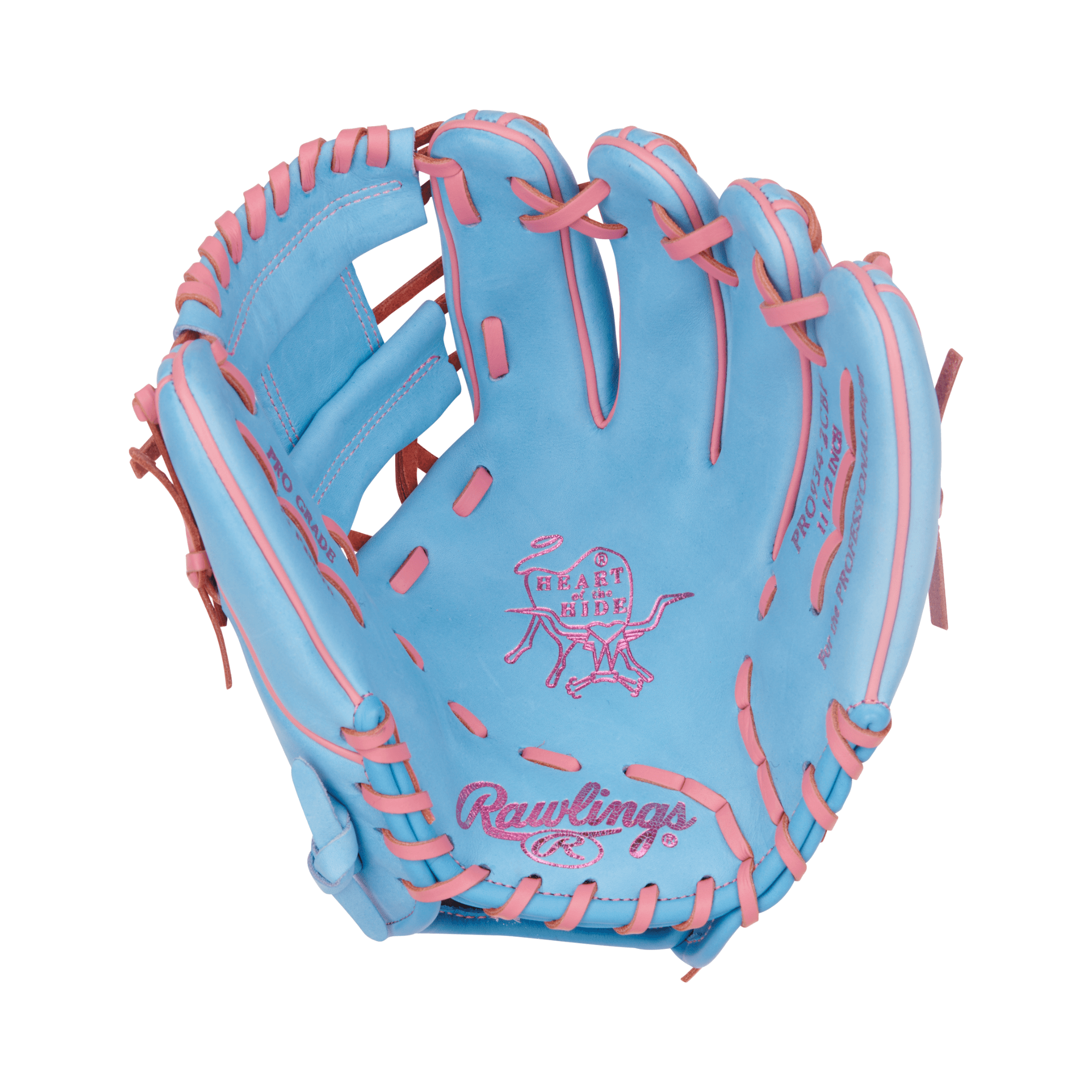 Rawlings May 2024 Gold Glove Club PRO934-2CBP infield glove in blue with pink accents, 11.5" Heart of the Hide leather.