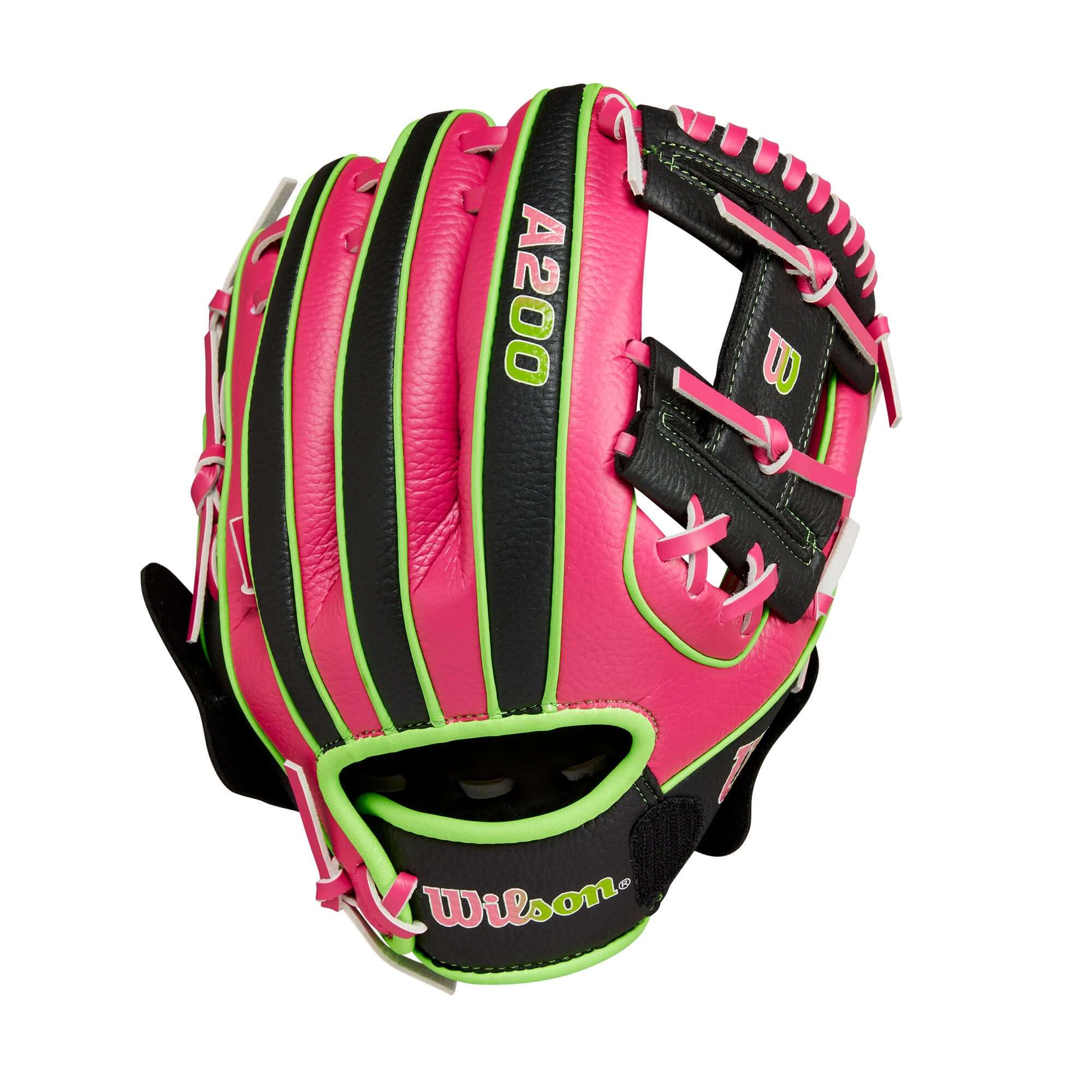 Wilson 2024 A200 Party Animals EZ Catch 10" Black/Flamingo youth baseball glove, vibrant colors, perfect for kids.