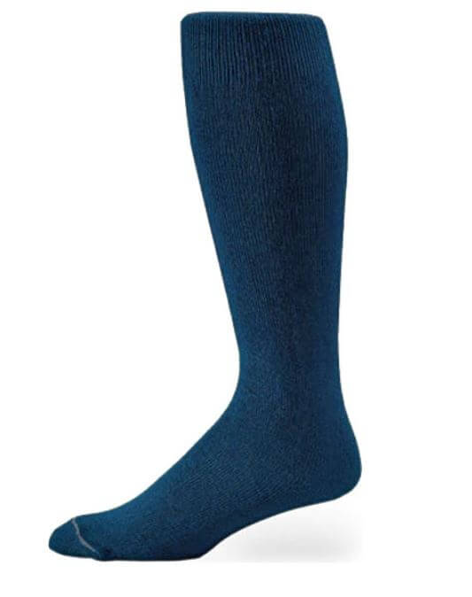 Side view of navy Pro Feet All-Sport Over-the-Calf 112 (10-13) sock showing ribbed top and seamless toe design.