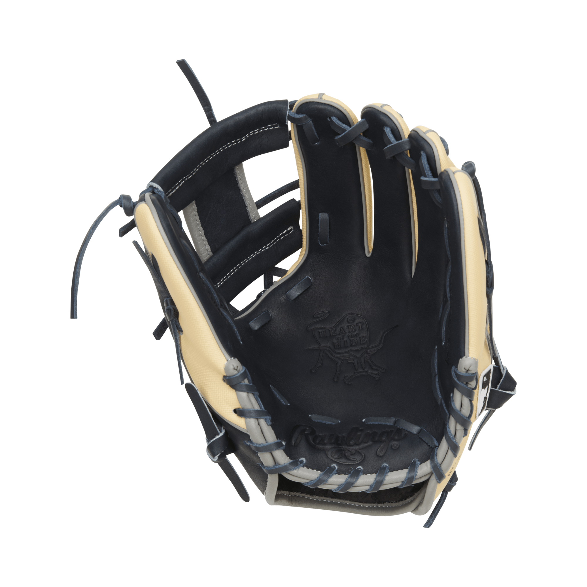 Rawlings Heart of the Hide Color Sync 8.0 baseball glove in camel and navy, 11.5-inch design showcasing unique Wing-Tip welting.