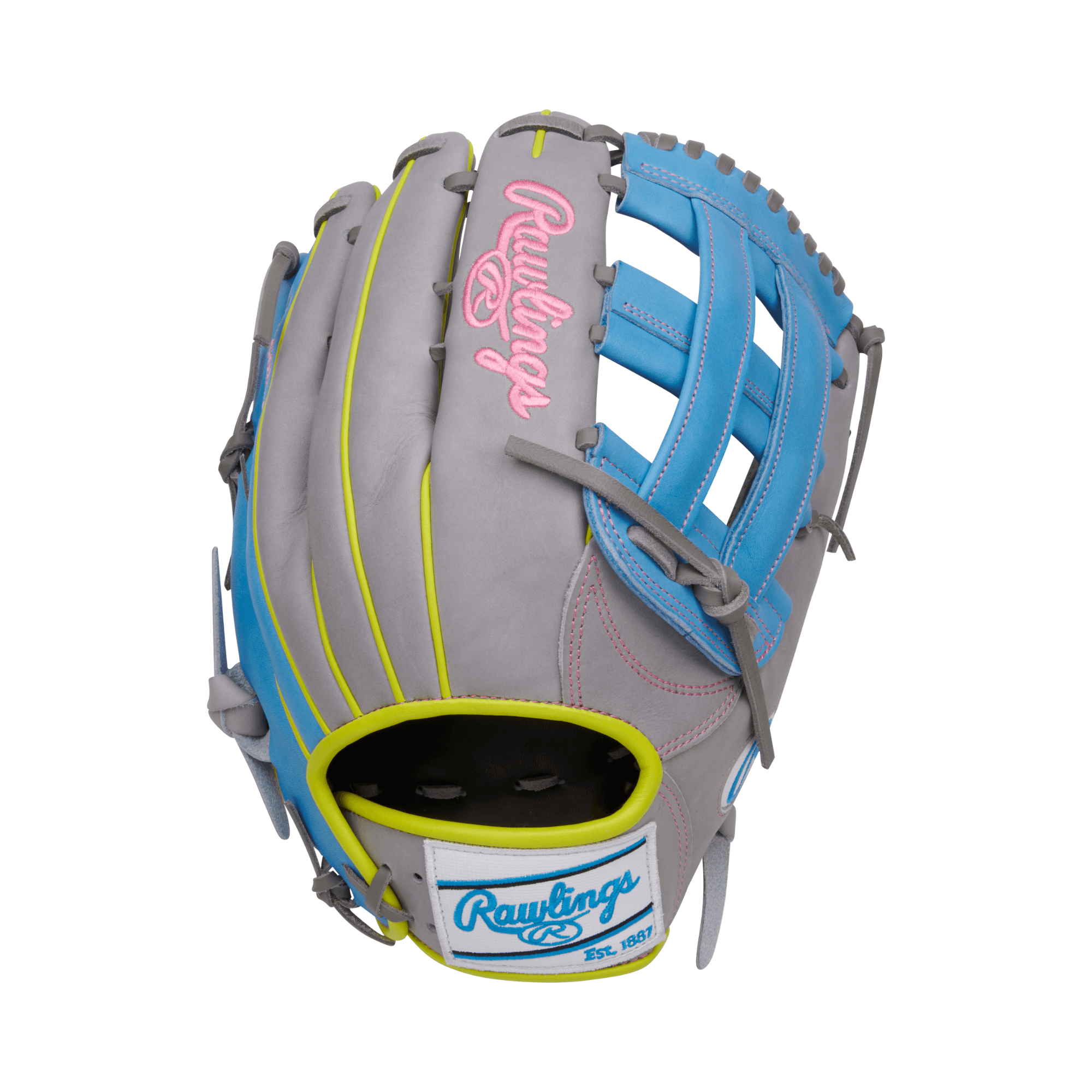 Rawlings February 2024 Gold Glove Club RGGC Outfield Glove 12.75" in gray, blue, and yellow with Pro H web design.