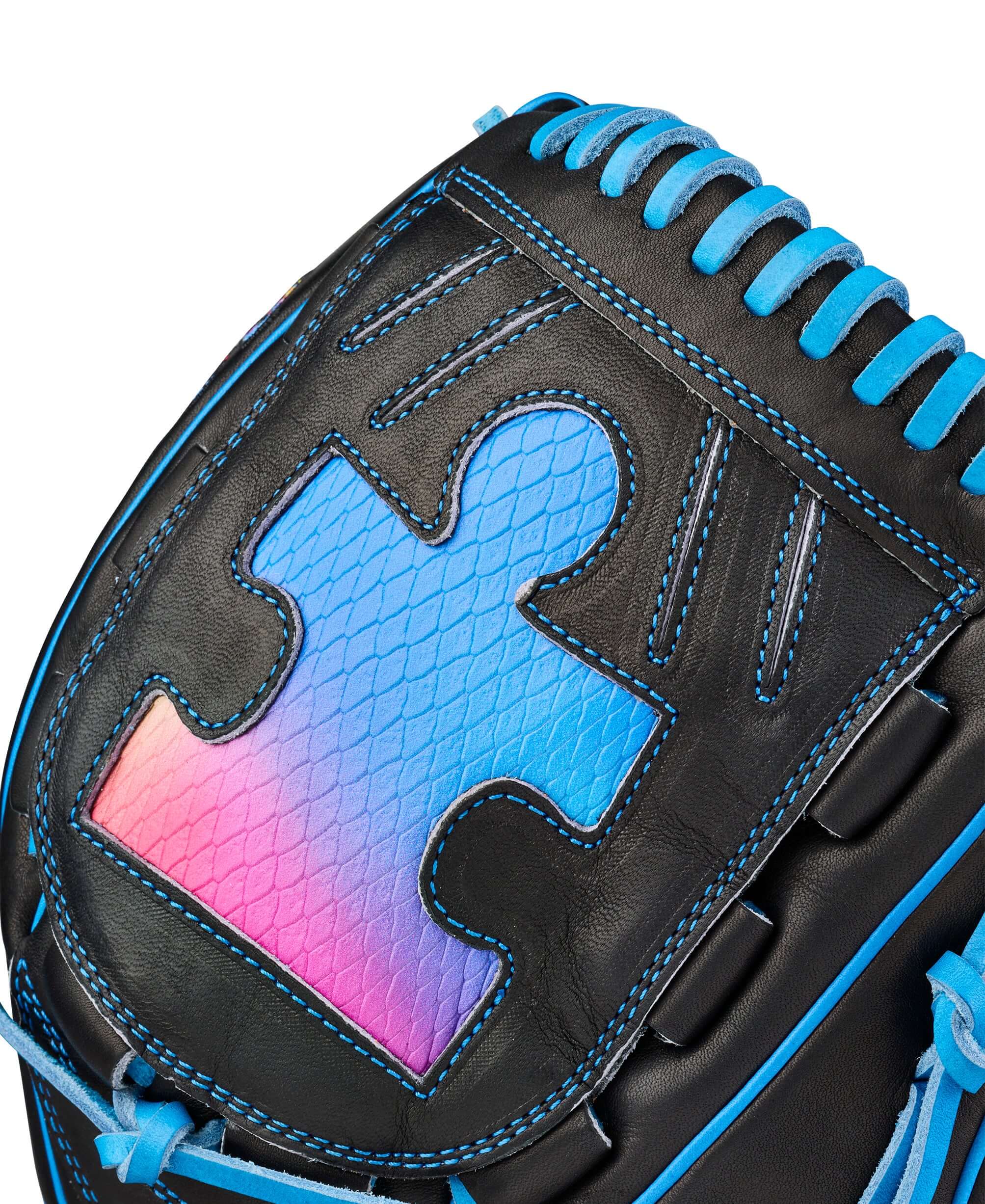 Wilson 2026 Love the Moment A2000 B23 Puzzle Piece 12” Pitcher’s Baseball Glove LHT with blue gradient puzzle design