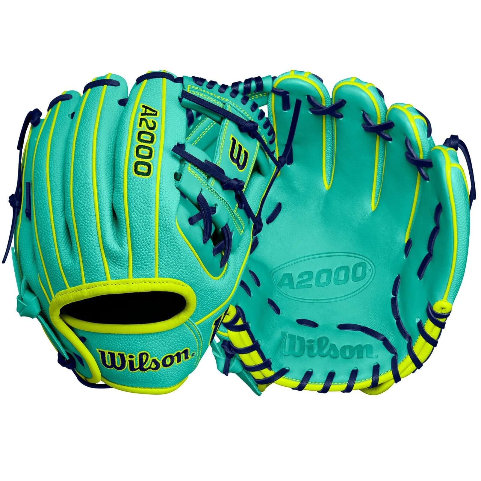 Wilson A2000 DP15SS infield baseball glove in seafoam with optic yellow accents, perfect for players with smaller hands.