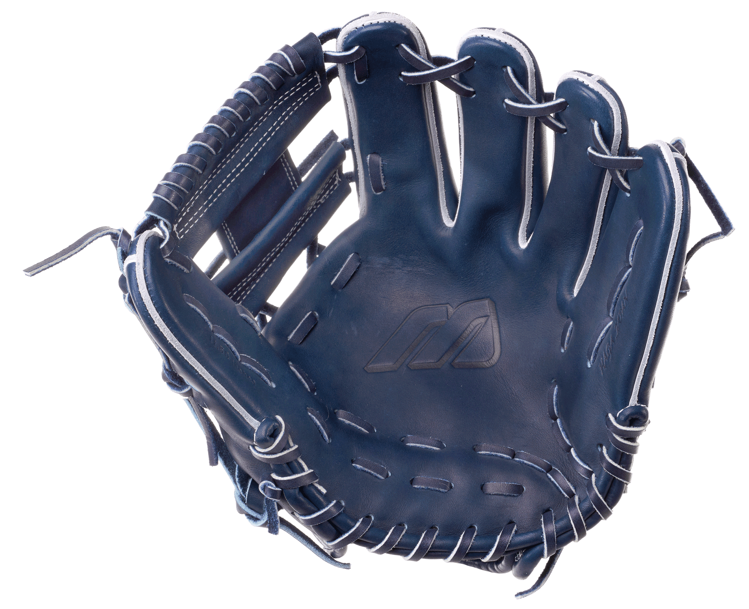 Mizuno GMP-120MM 120th Monogram M 11.5" Baseball Glove palm view showcasing deep pocket, dark blue color, and white lacing.