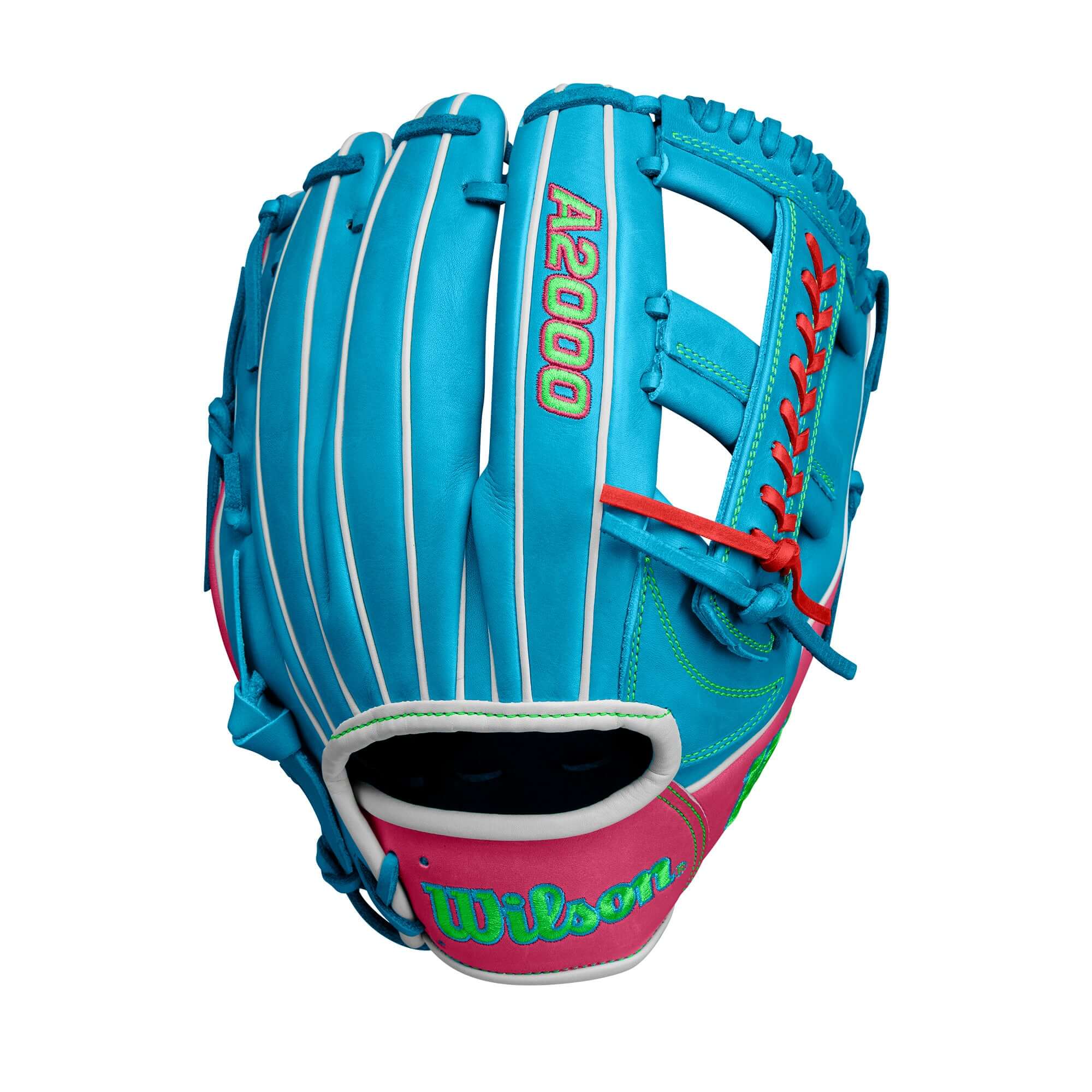 Wilson Fall 2024 A2000 1785 Sky Blue 11.75" infield baseball glove with Flamingo Pink lace and Single Post Web design.