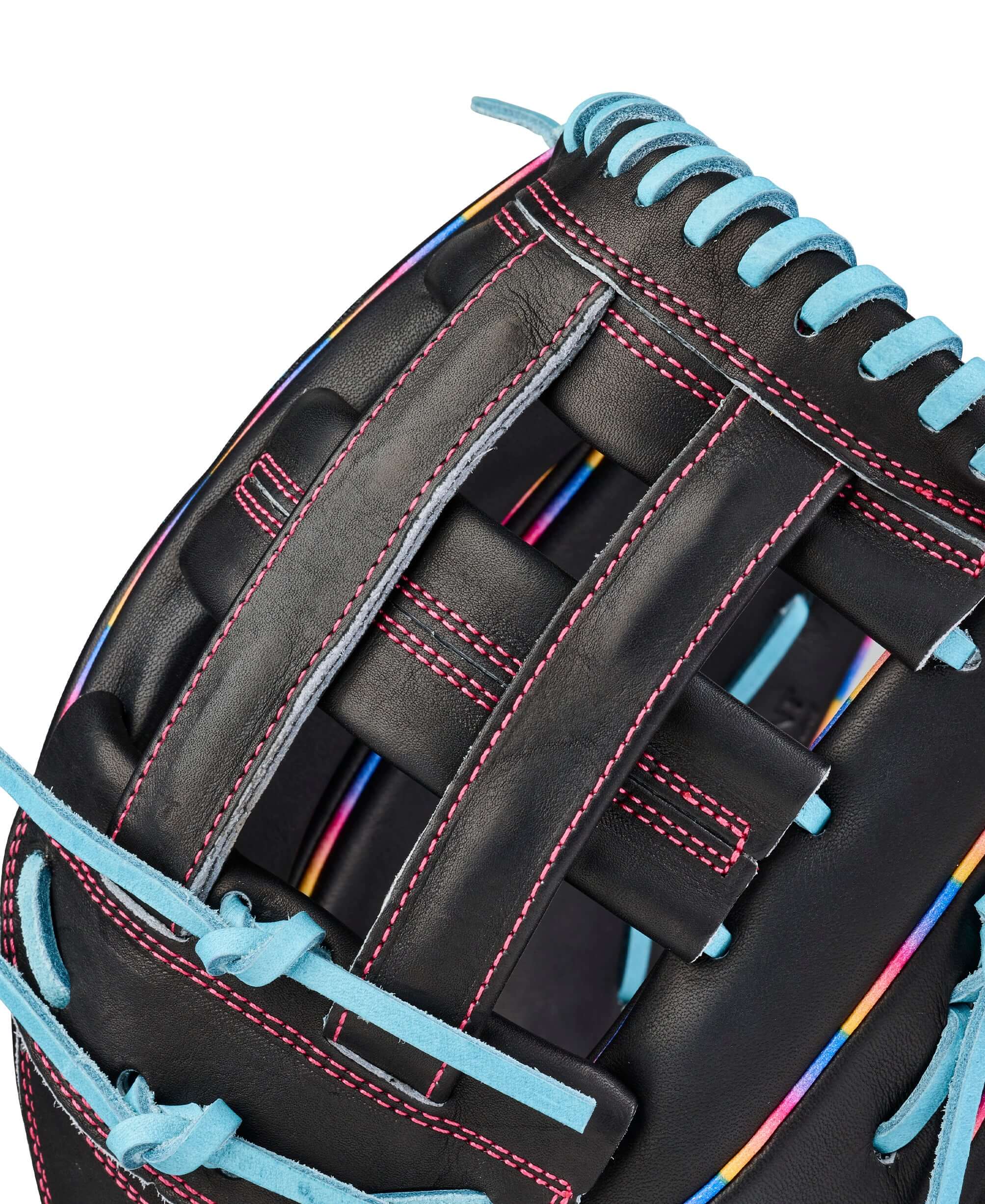 Wilson 2026 Love the Moment 1750 12.5” Outfield Baseball Glove LHT, H-web close-up, black leather with blue lacing and pink stitching.