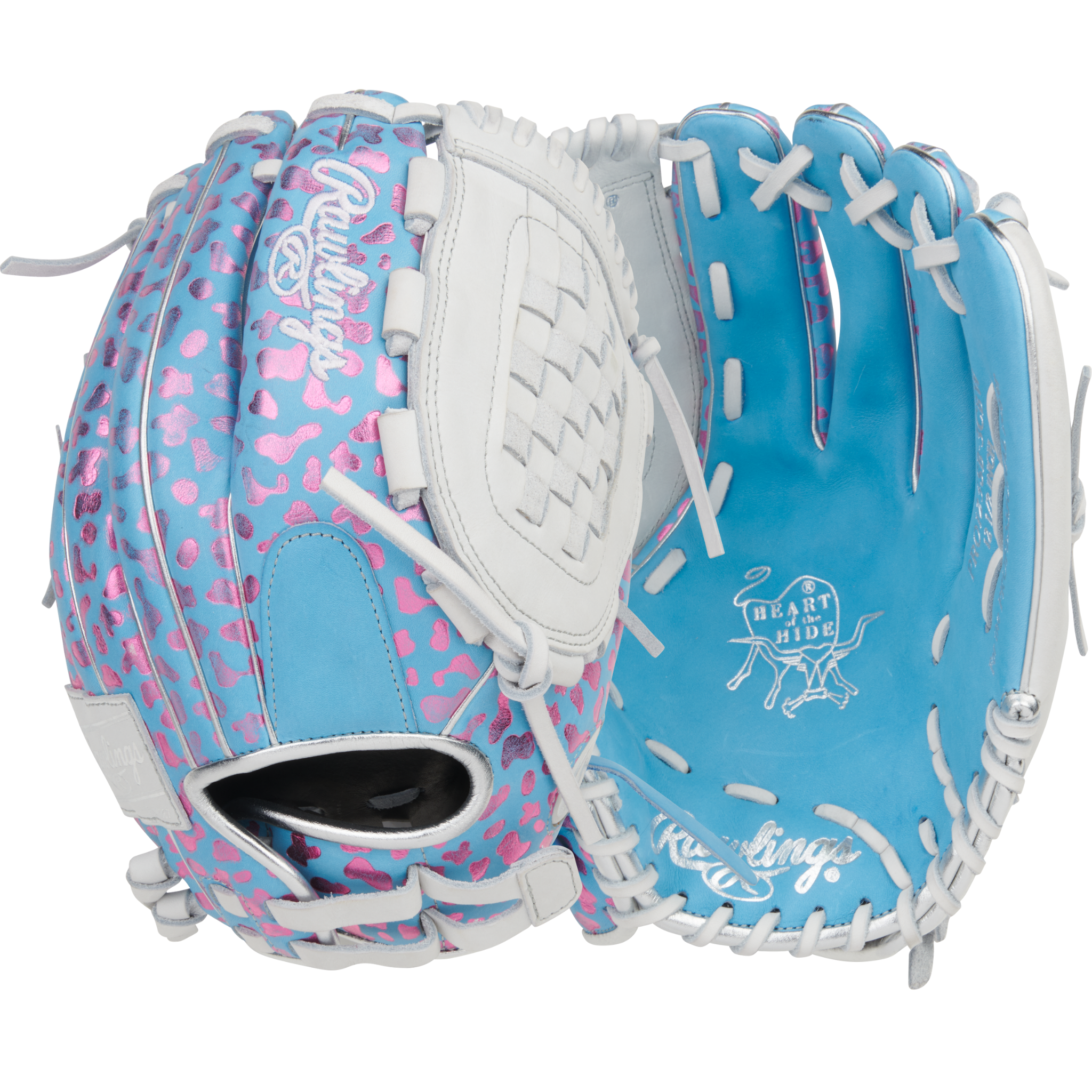 Rawlings Heart of the Hide Softball Glove 12.5" Blue/White/Pink - Back and Palm View