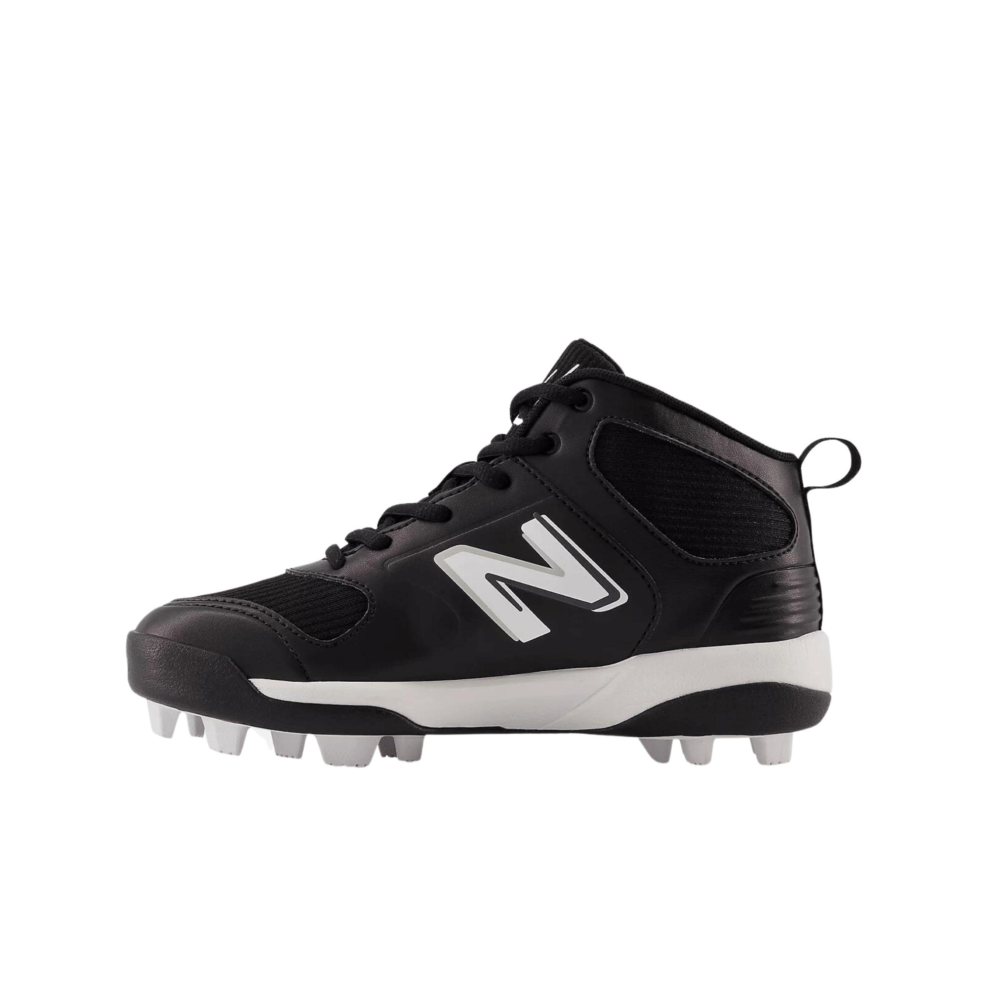 New Balance Kids' 3000v6 rubber molded baseball cleats in black with mid-cut design and lightweight cushioning.