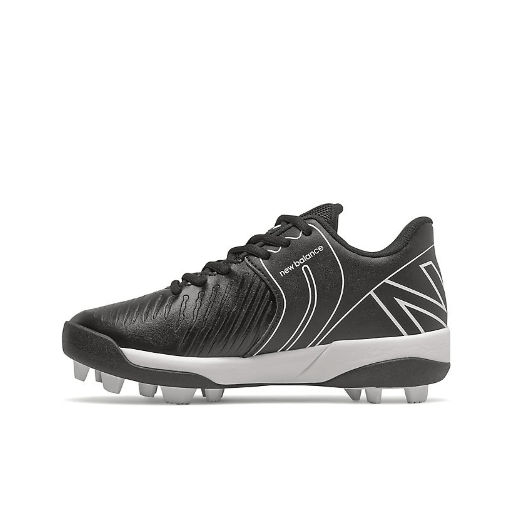 New Balance J4040v6 black rubber molded cleat for kids, designed for superior traction on various surfaces.