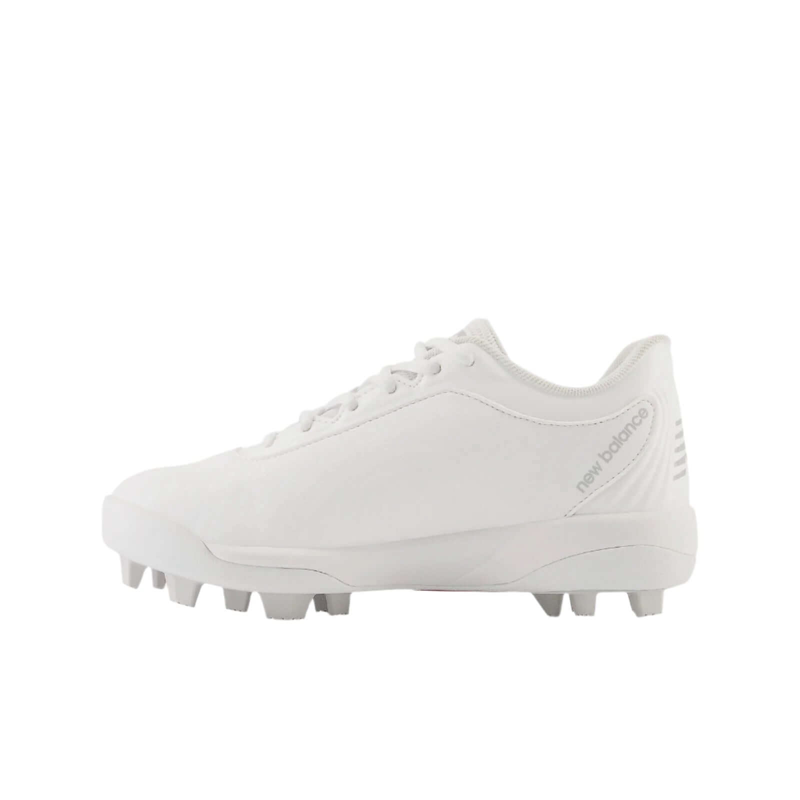 Side angle 3 of New Balance 4040v7 Youth Rubber-Molded cleat featuring lightweight cushioning and clean design in Optic White.