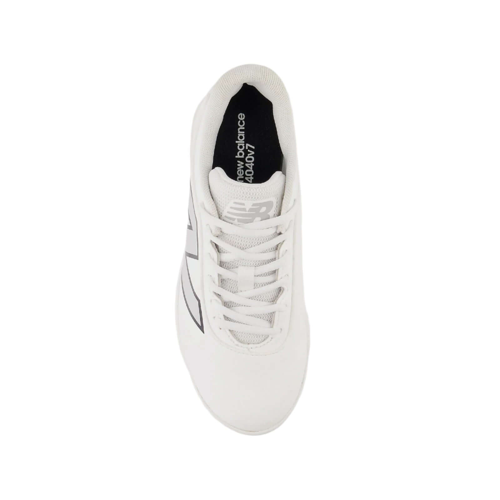 Top view of New Balance 4040v7 Youth Rubber-Molded cleat displaying the de-bossed synthetic upper.