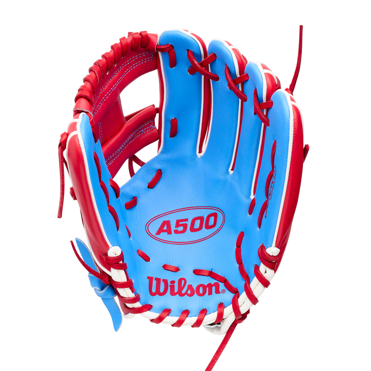 Wilson 2027 A500 11” Infield Youth Baseball Glove, blue and red, lightweight for ages 6-10, top grain leather, easy to control for young players.