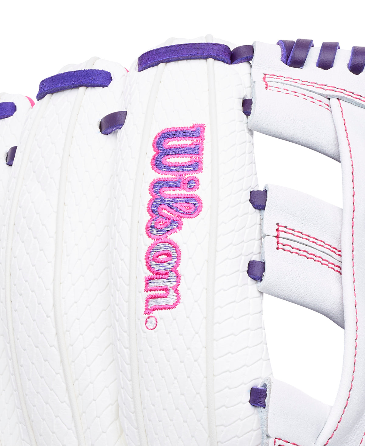 Wilson 2027 A1000 FP1712SS 12” Utility Fastpitch Softball Glove close-up with pink Wilson logo embroidery on white leather.