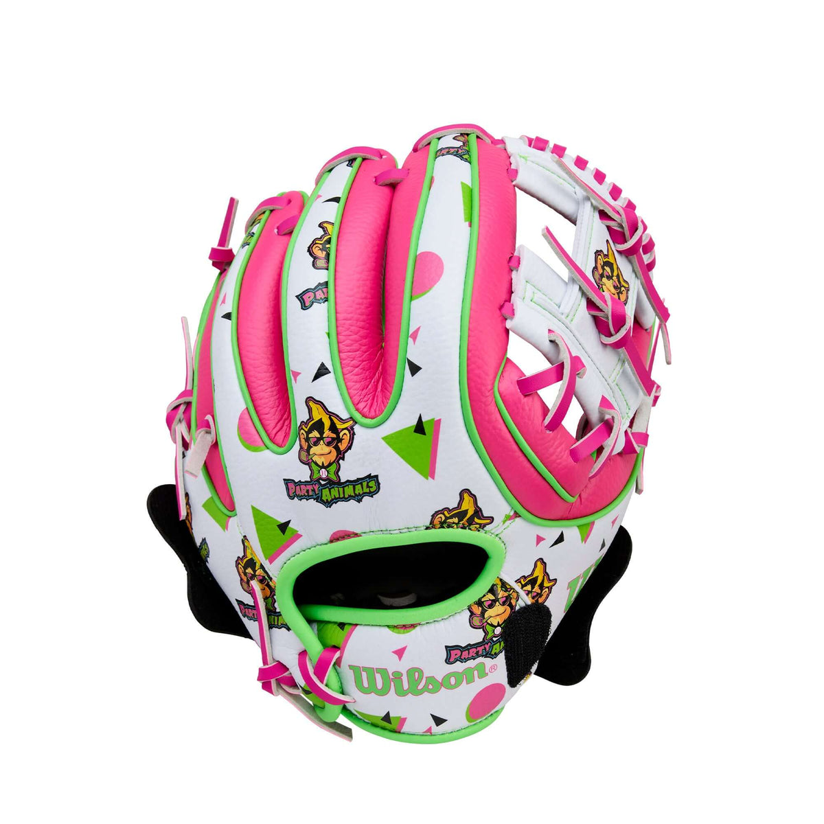 Wilson 2026 A200 EZ Catch Party Animals 10” T-Ball Glove LHT backhand view showing pink and white playful design