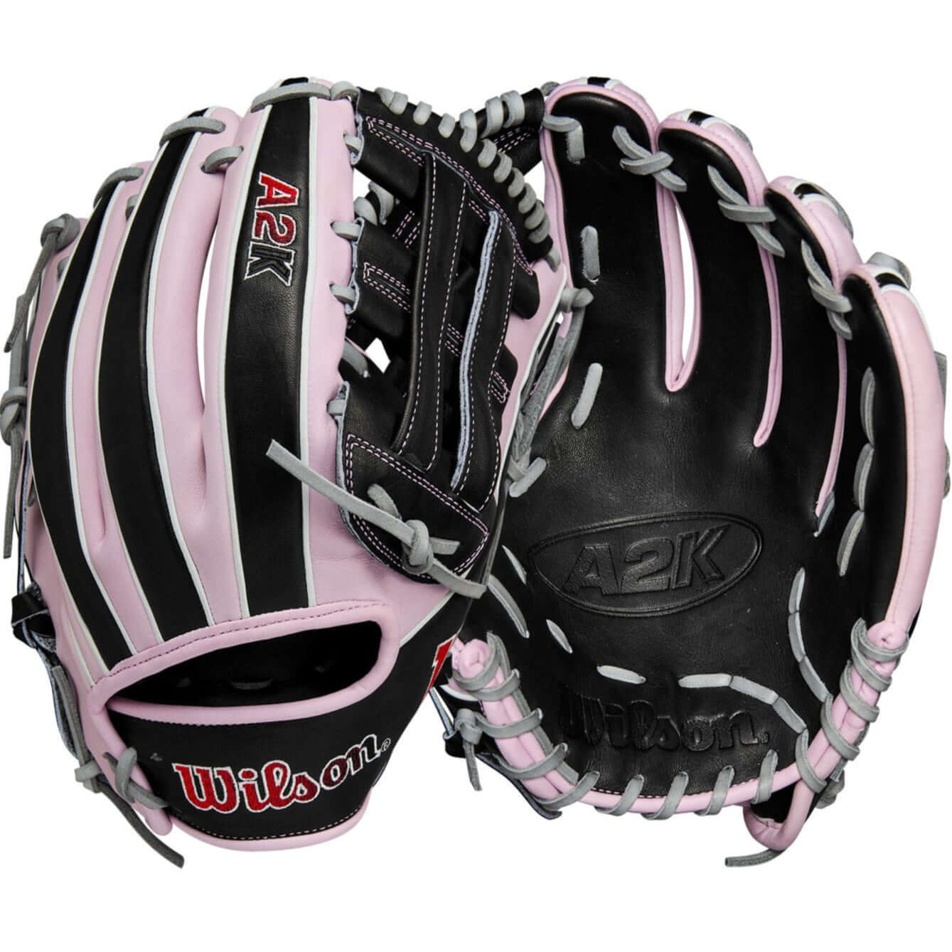 Back and palm view of Wilson A2K DW5 12'' Infield Glove in Black/Lavender with premium Pro Stock® Select leather.