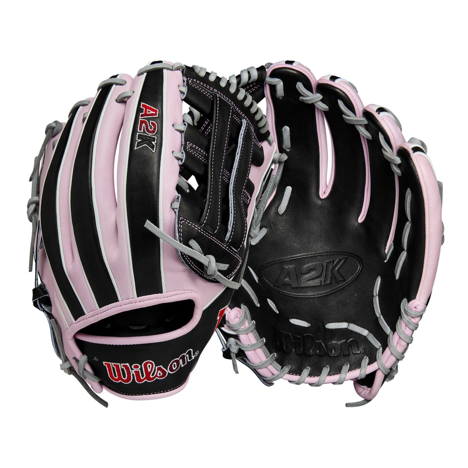 Back and palm view of Wilson A2K DW5 12'' Infield Glove in Black/Lavender with premium Pro Stock® Select leather.