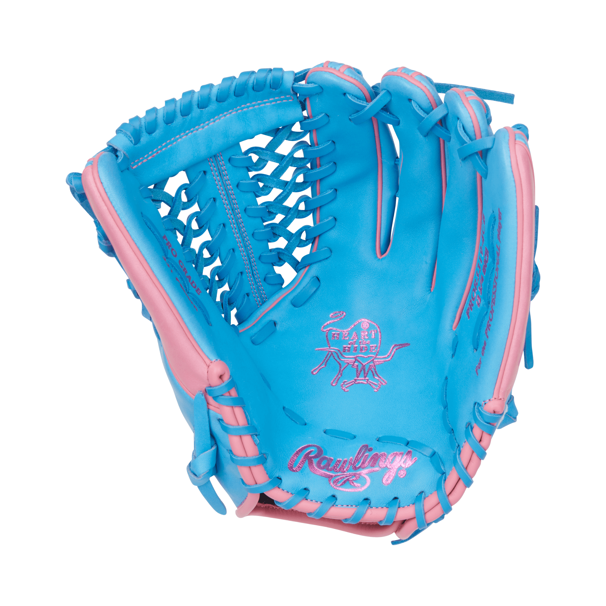 Palm view of Rawlings Heart of the Hide 12.75" Columbia Blue/Pink outfield glove with deer-tanned cowhide lining and deep pocket