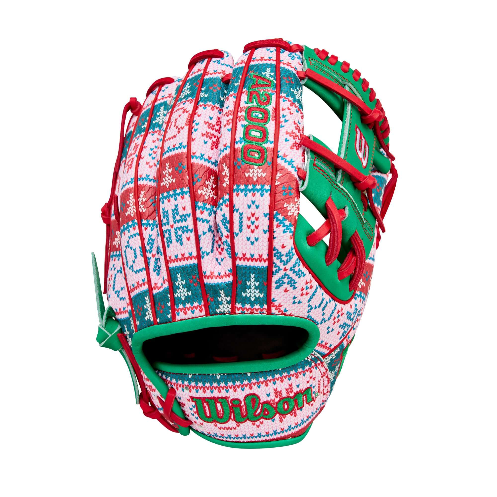 Back view of Wilson Glove of the Month (GOTM) December 2025 A2000 1975 Christmas 11.75" Baseball Glove featuring red laces and Christmas sweater print design.