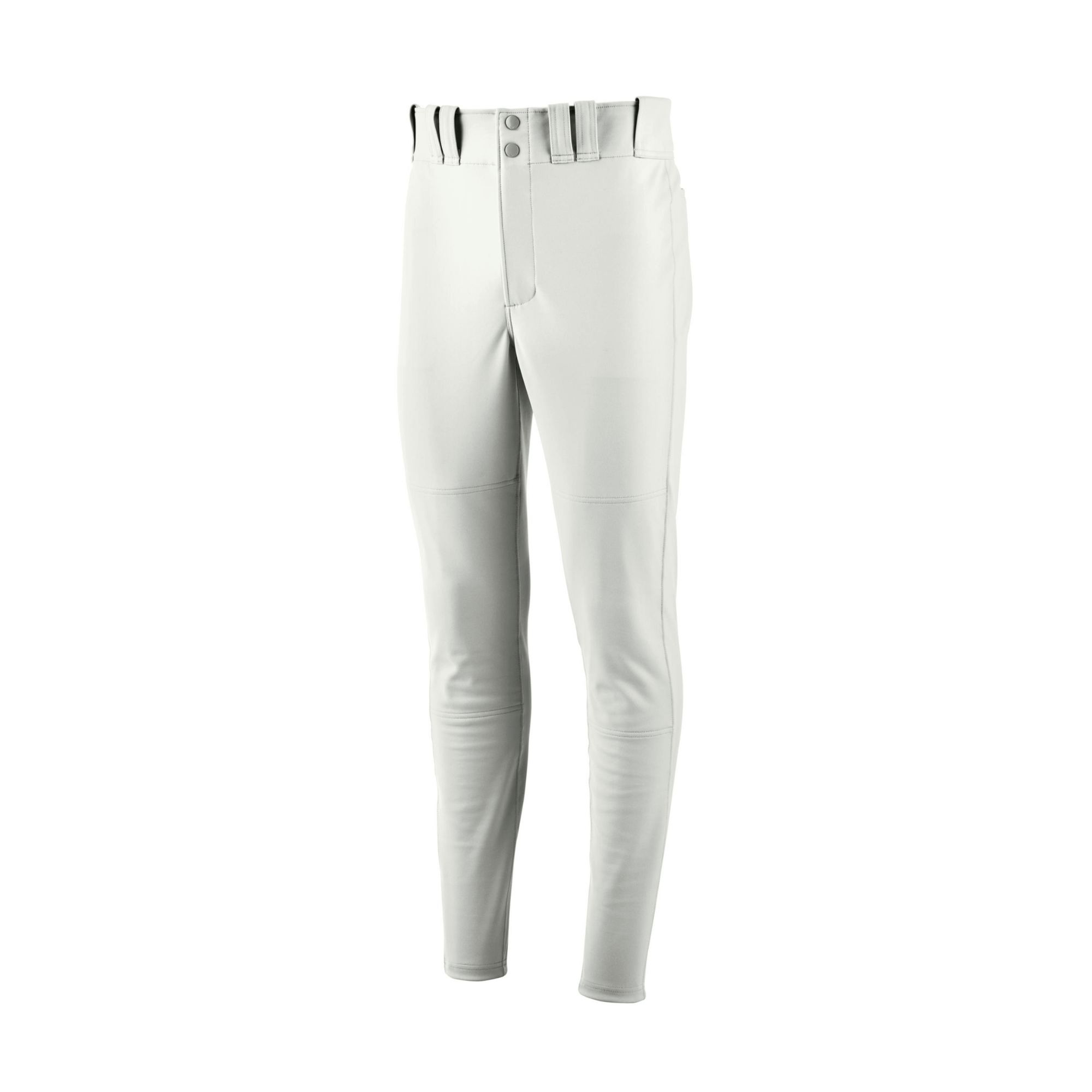 Mizuno Premier Pro Tapered Pant in white, made of 92% polyester and 8% spandex, featuring fitted design and back pockets.