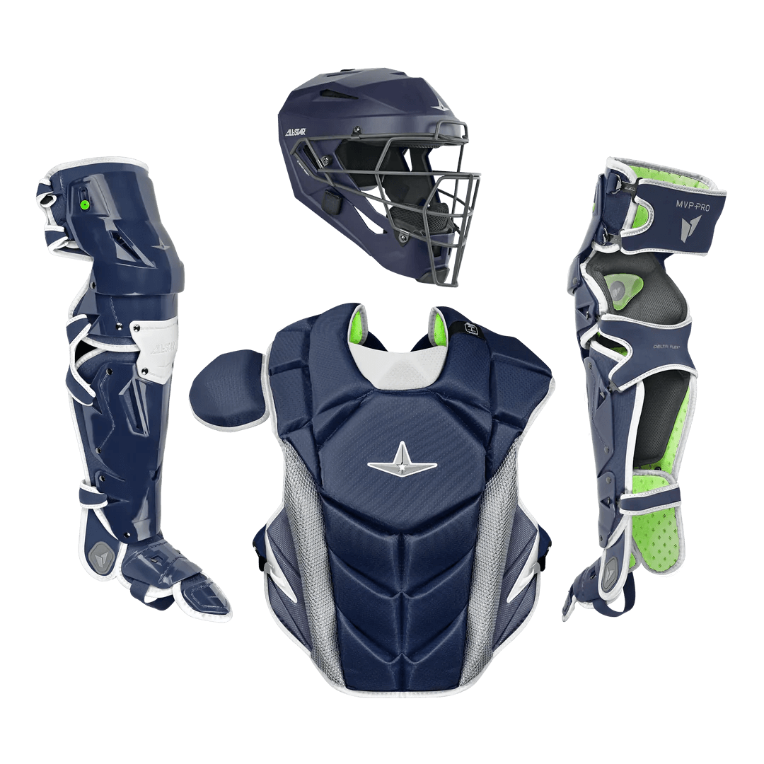 All-Star MVP-PRO™ Series Adult Catcher's Kit featuring helmet, chest protector, and leg guards, designed for maximum protection.