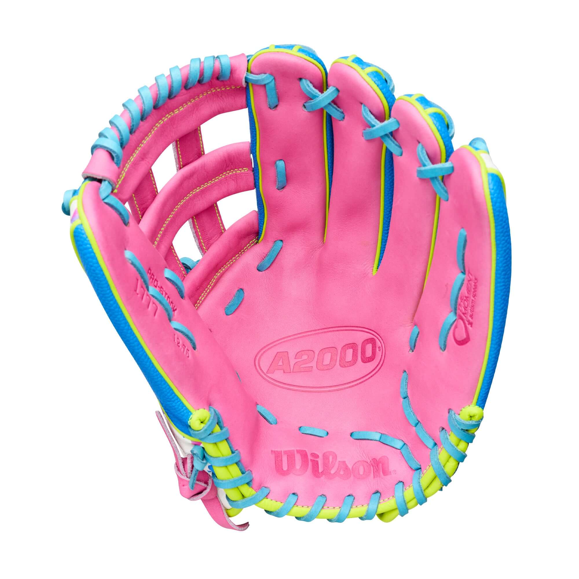 Palm view of Wilson 2026 Love the Moment A2000 1777 12.75” Outfield Baseball Glove, pink with blue lacing.