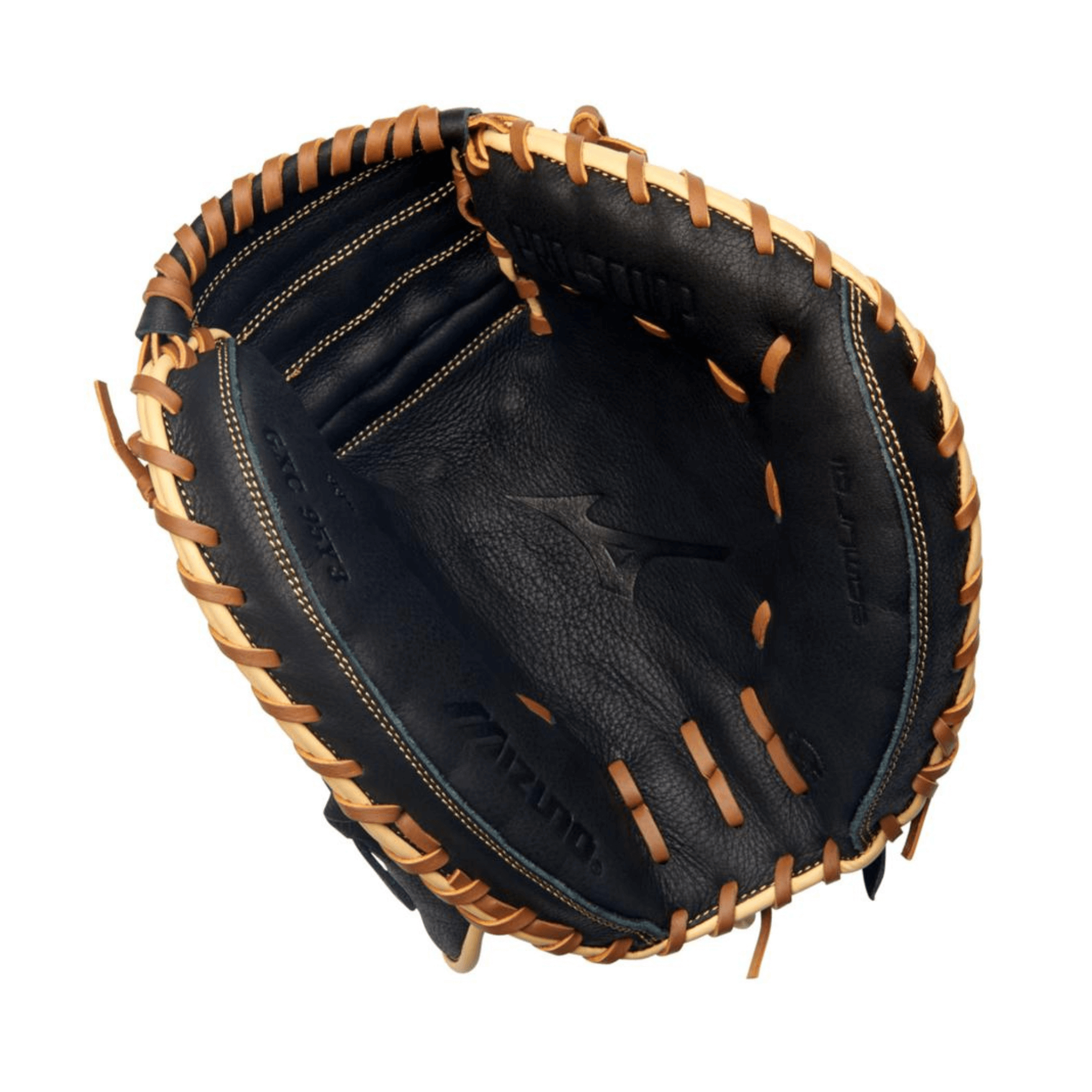 Mizuno GXC95Y3 Samurai Youth Catcher's Mitt interior view with thumb protection and leather stitching.