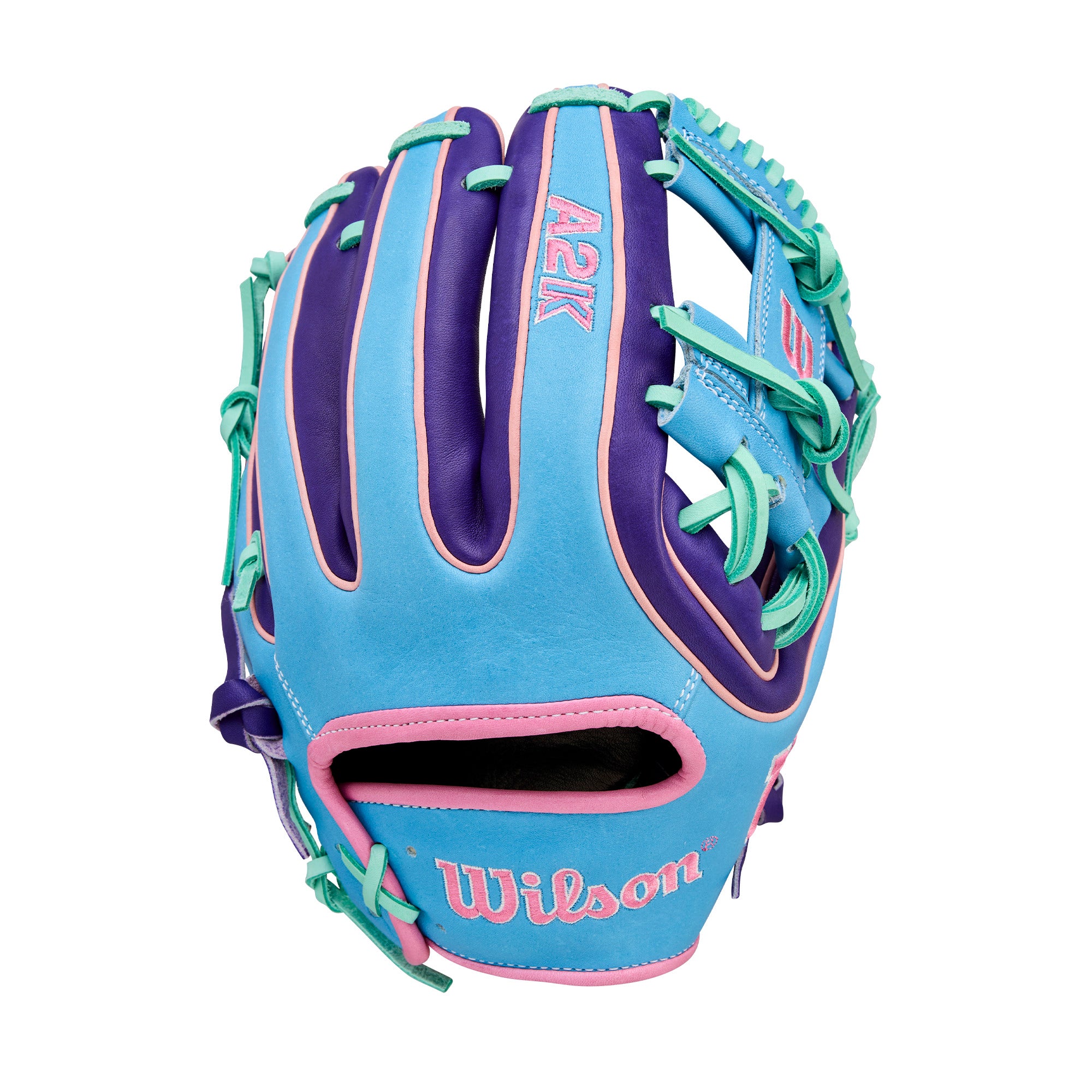 Wilson GOTM Oct 2025 A2K 1720 Glove back view with bold purple leather and sky blue accents.
