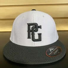 Perfect Game Fitted Flat Bill Cap in Charcoal/Black with logo, perfect for competitive athletes and stylish looks.