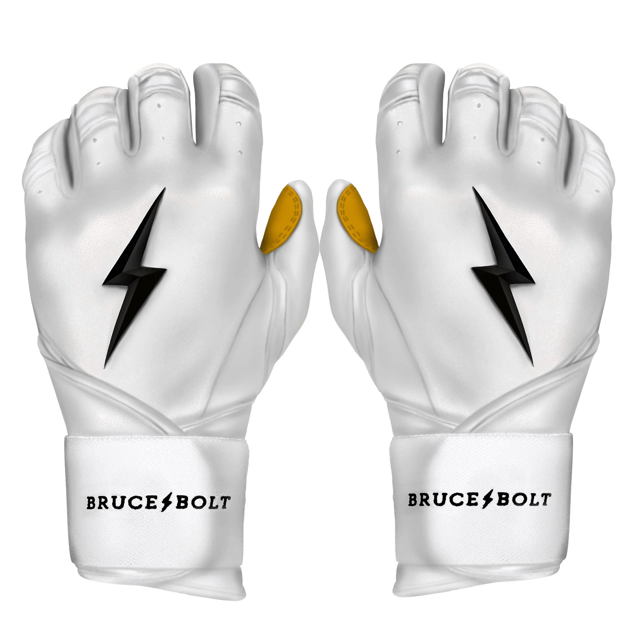 Bruce Bolt Premium Pro long cuff batting gloves in white, featuring black lightning logo and yellow accents.