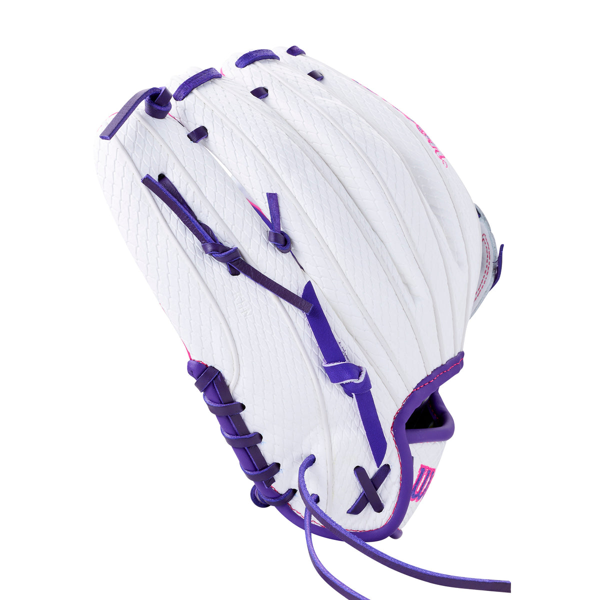 Wilson 2027 A1000 FP1712SS 12” Utility Fastpitch Softball Glove in white with purple details, ideal for infield and outfield versatility.
