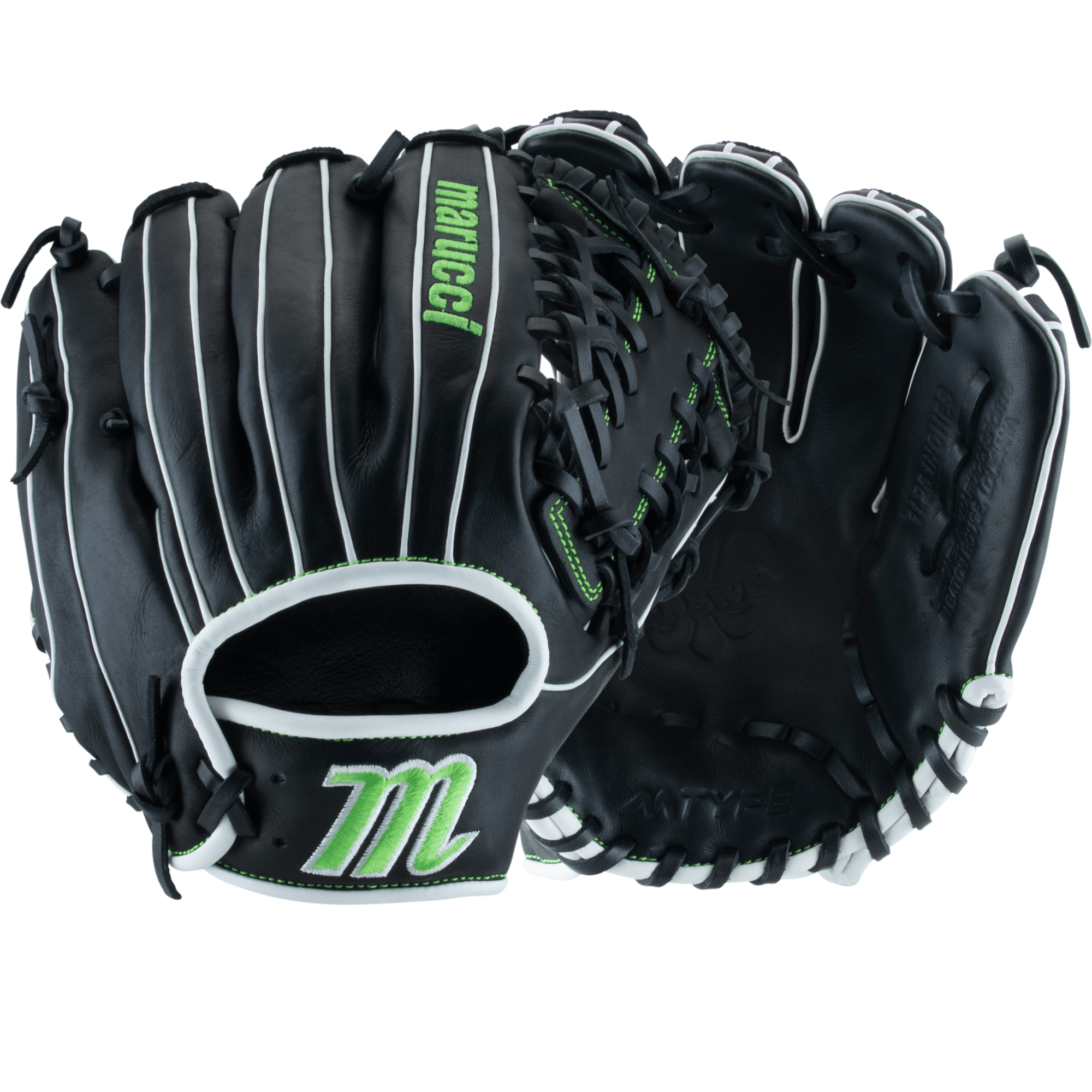 Marucci Krewe Series 42A6 11.25" T Web Mitt, showing front and back with dual wide shape and premium leather.
