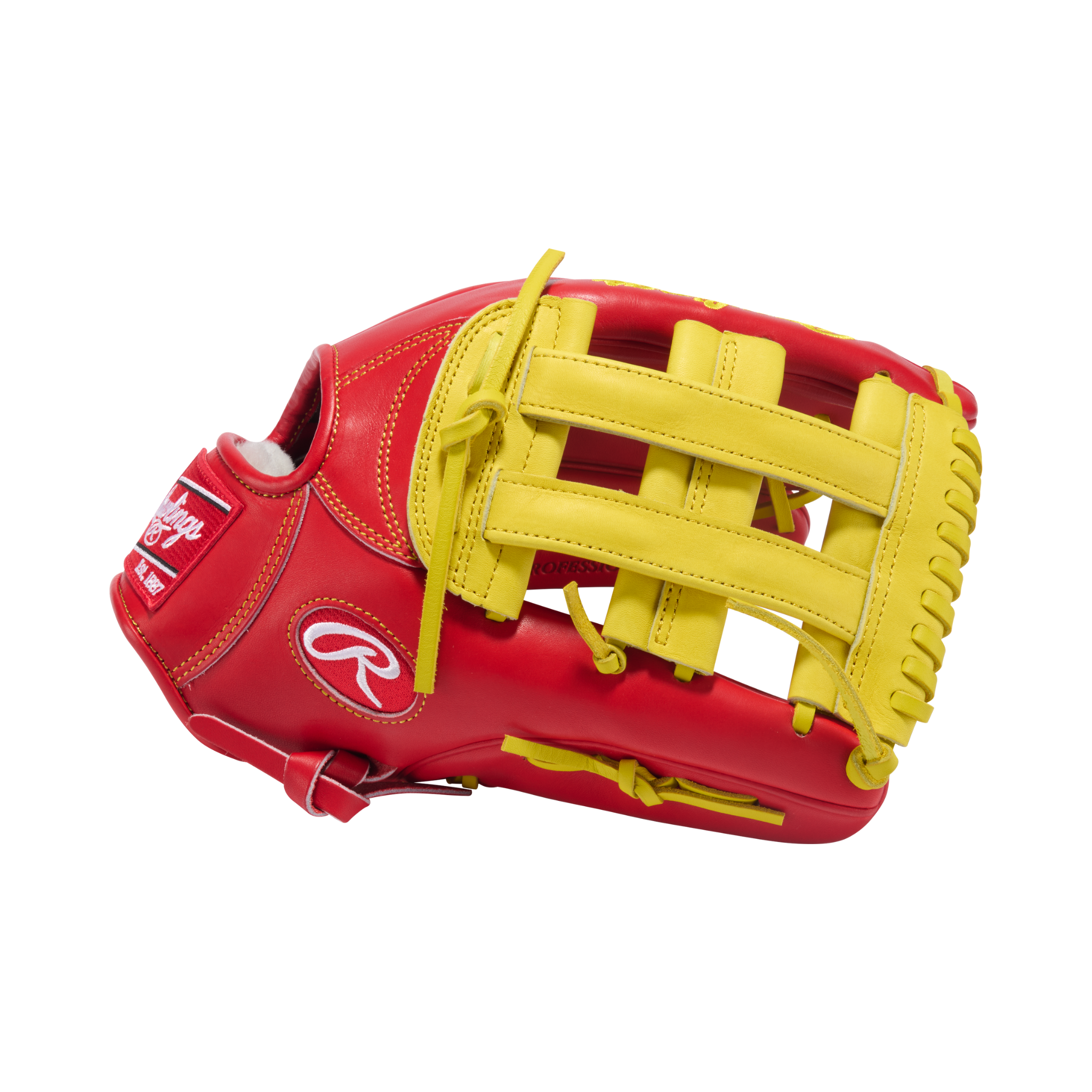 Close-up of thumb area on Rawlings Pro Preferred 12.75" Scarlet/Yellow LHT glove with padded thumb sleeve for added comfort