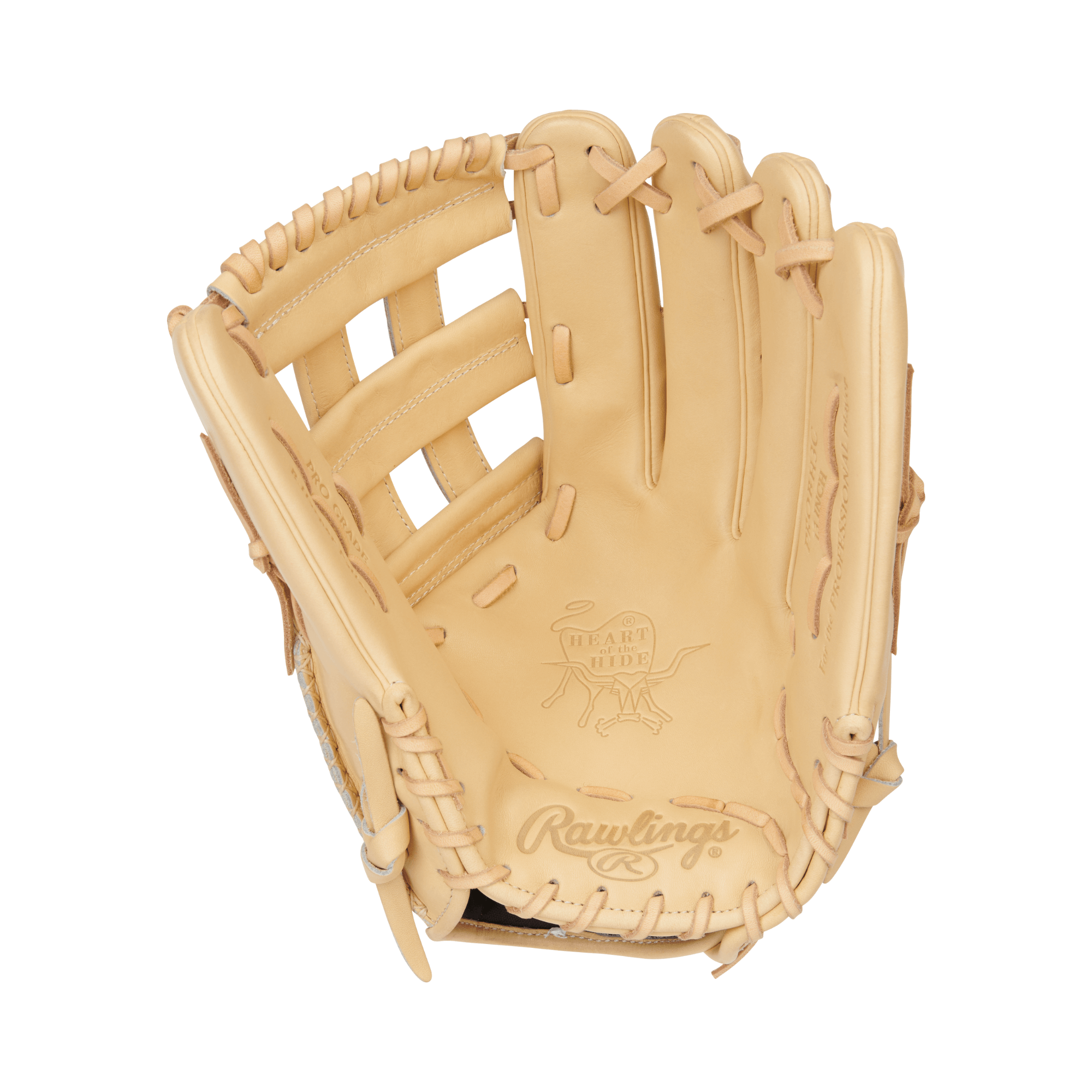 Rawlings Heart of the Hide 13" glove in natural tan leather, featuring pro-grade design and Bryce Harper's gameday pattern.