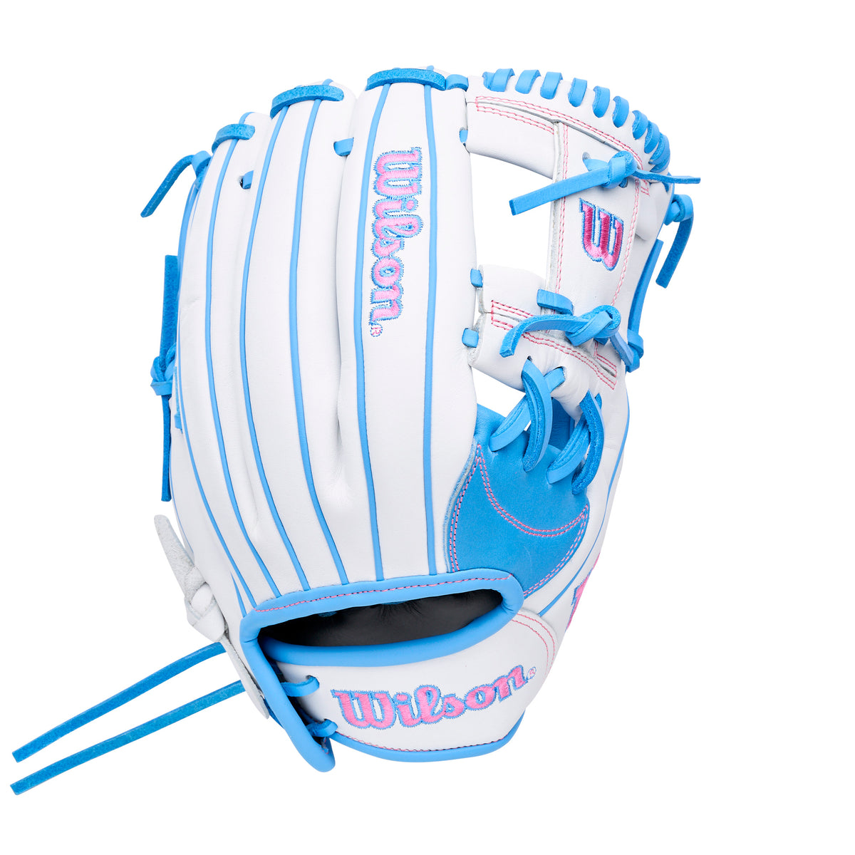 Wilson 2027 A1000 H12 Fastpitch Glove with H-Web and shallow pocket for secure catching and quick transfers, shown in white and blue design.