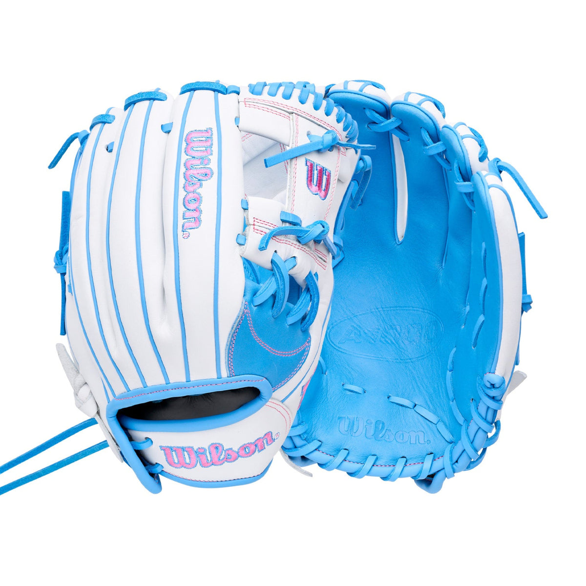 Wilson 2027 A1000 H12 Fastpitch Glove in blue and white, showing H-Web design for softball infield positions