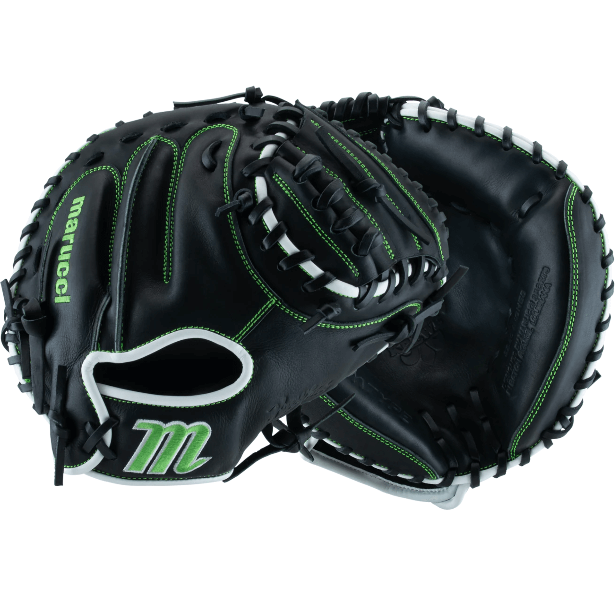 Front and back view of Marucci Krewe Series 225C1 Catcher's Mitt, emphasizing high-quality cowhide leather.