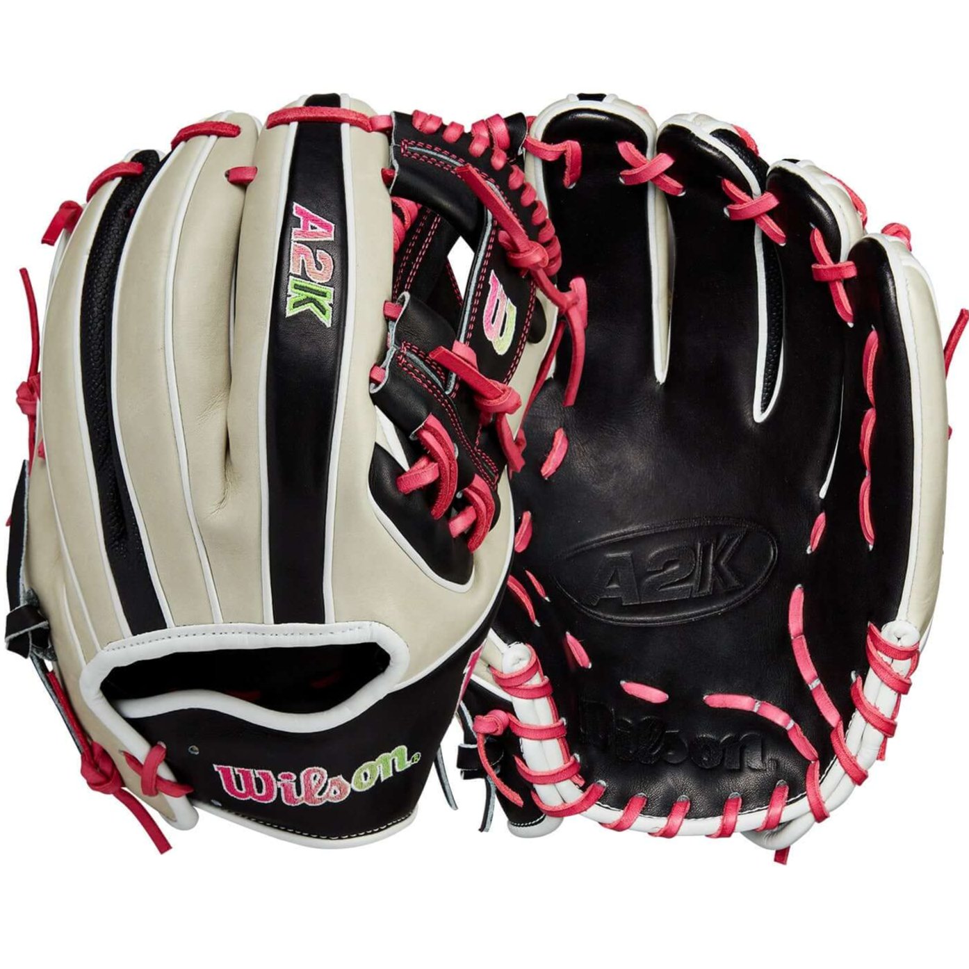 Wilson A2K 1724 glove featuring black and pink design, perfect for infield players with Pro Stock® Select leather.